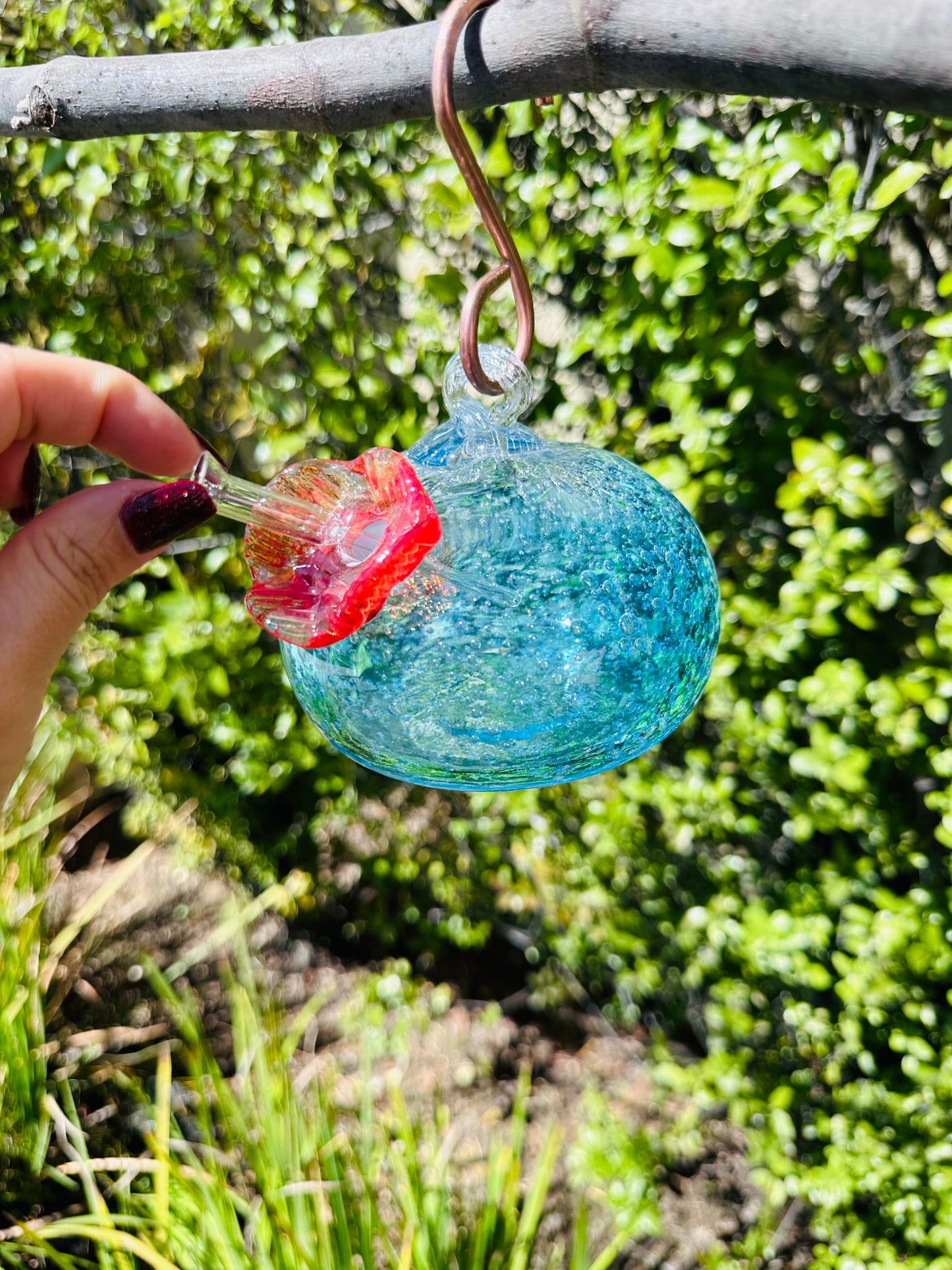 Handblown Art Glass Humming Bird Feeder Free shipping