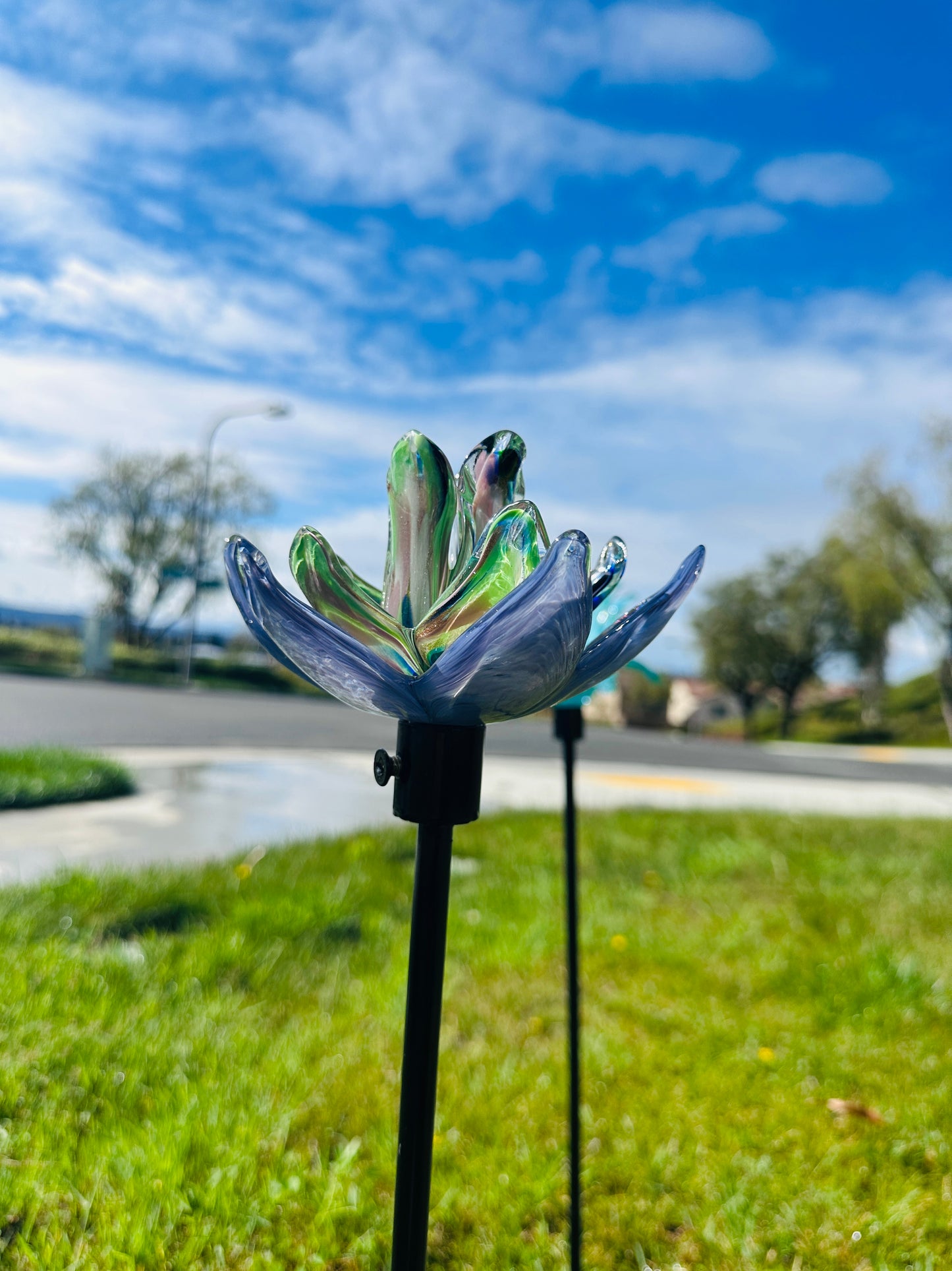 Set of 2 Large Handcrafted Art Glass Flower Stake