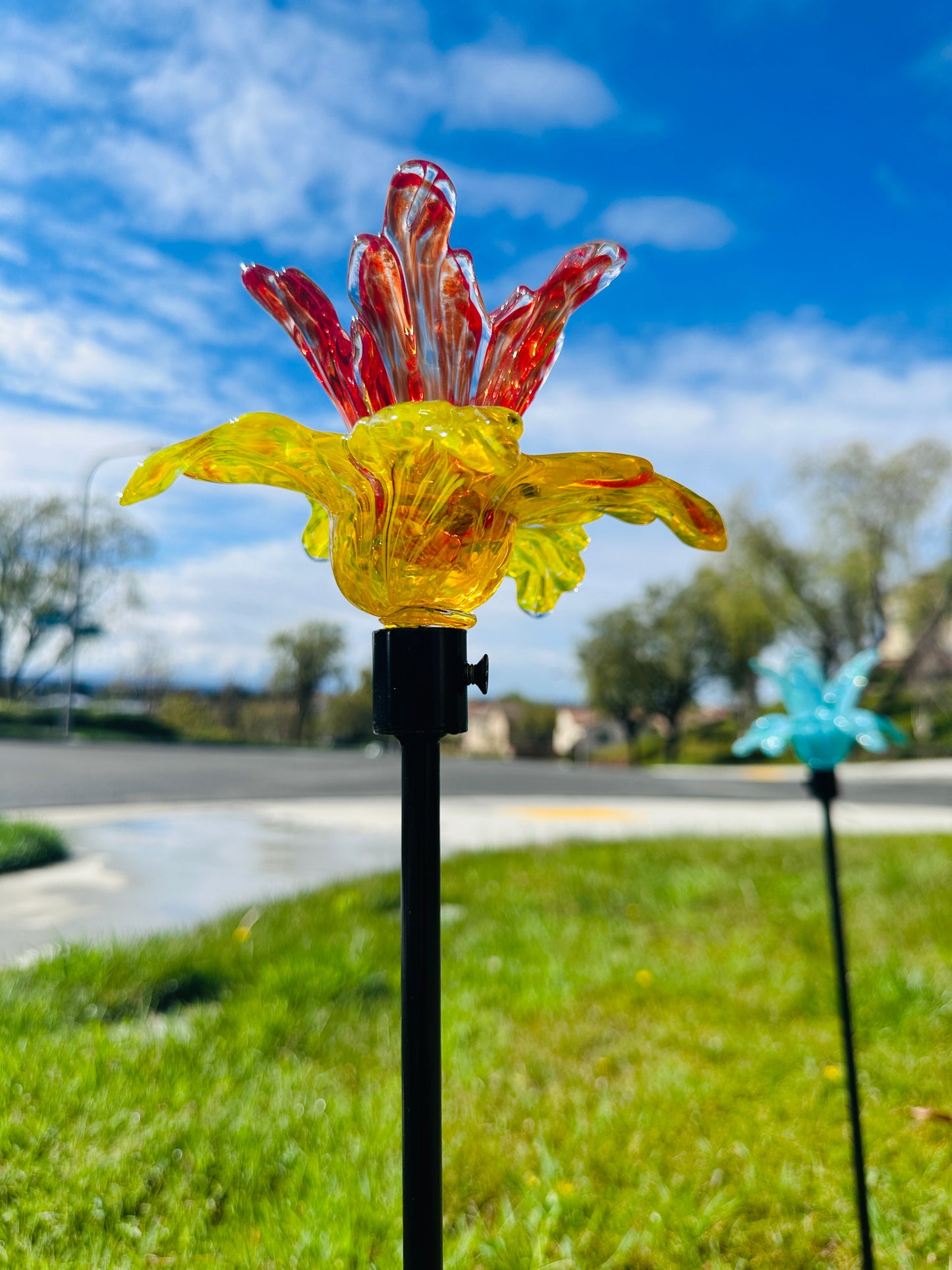 Set of 2 Large Handcrafted Art Glass Flower Stake