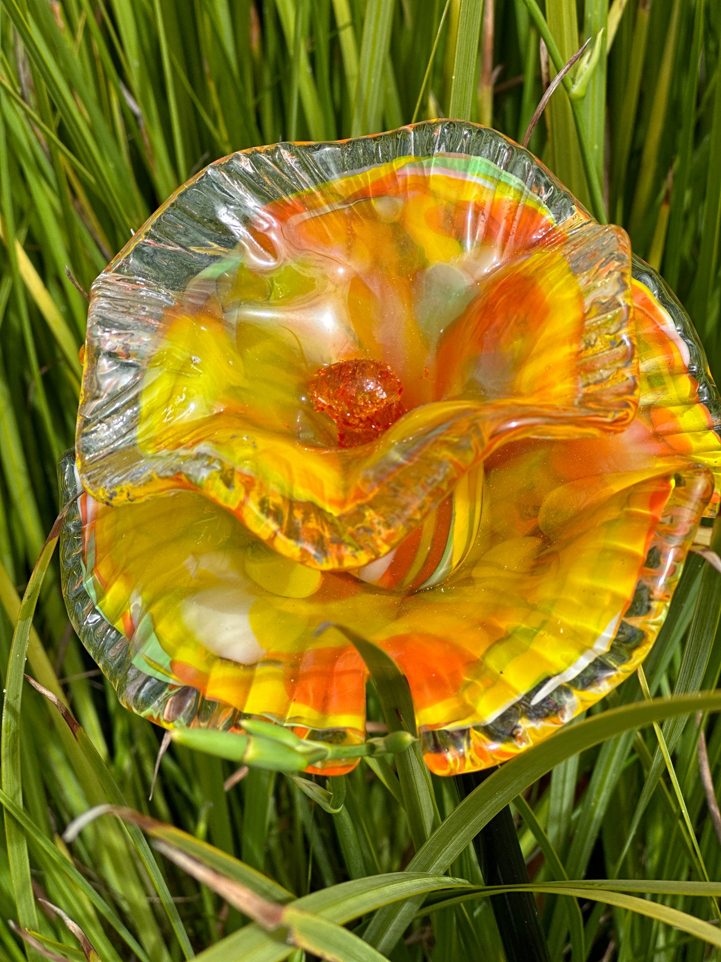 Set of 2 Large Handcrafted Art Glass Flower Stake