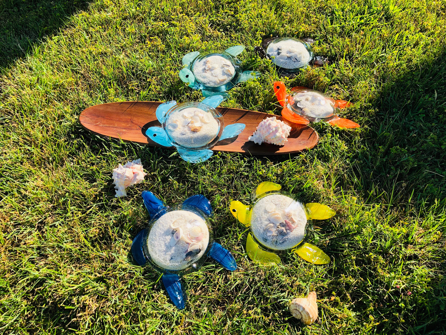 10" Handblown art glass Sea Turtle Decor with natural sea shell and sand