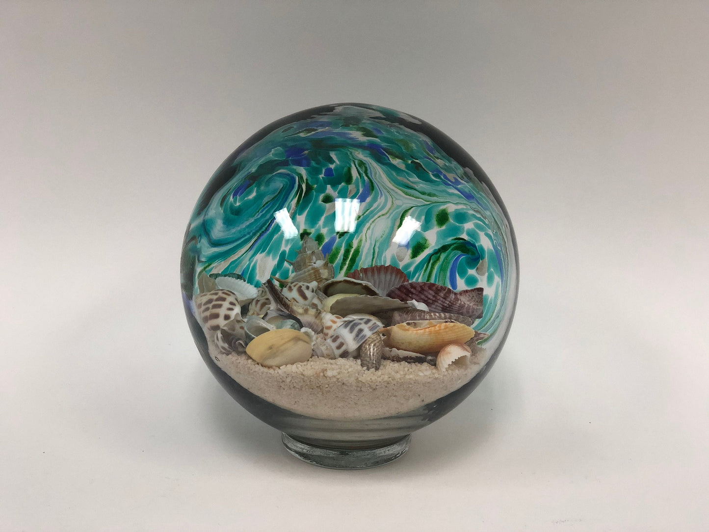 Free US Shipping~ 7" Lake Green Sea Globe Handblown Art Glass Decor Holiday Gift with natural sea shell and sand