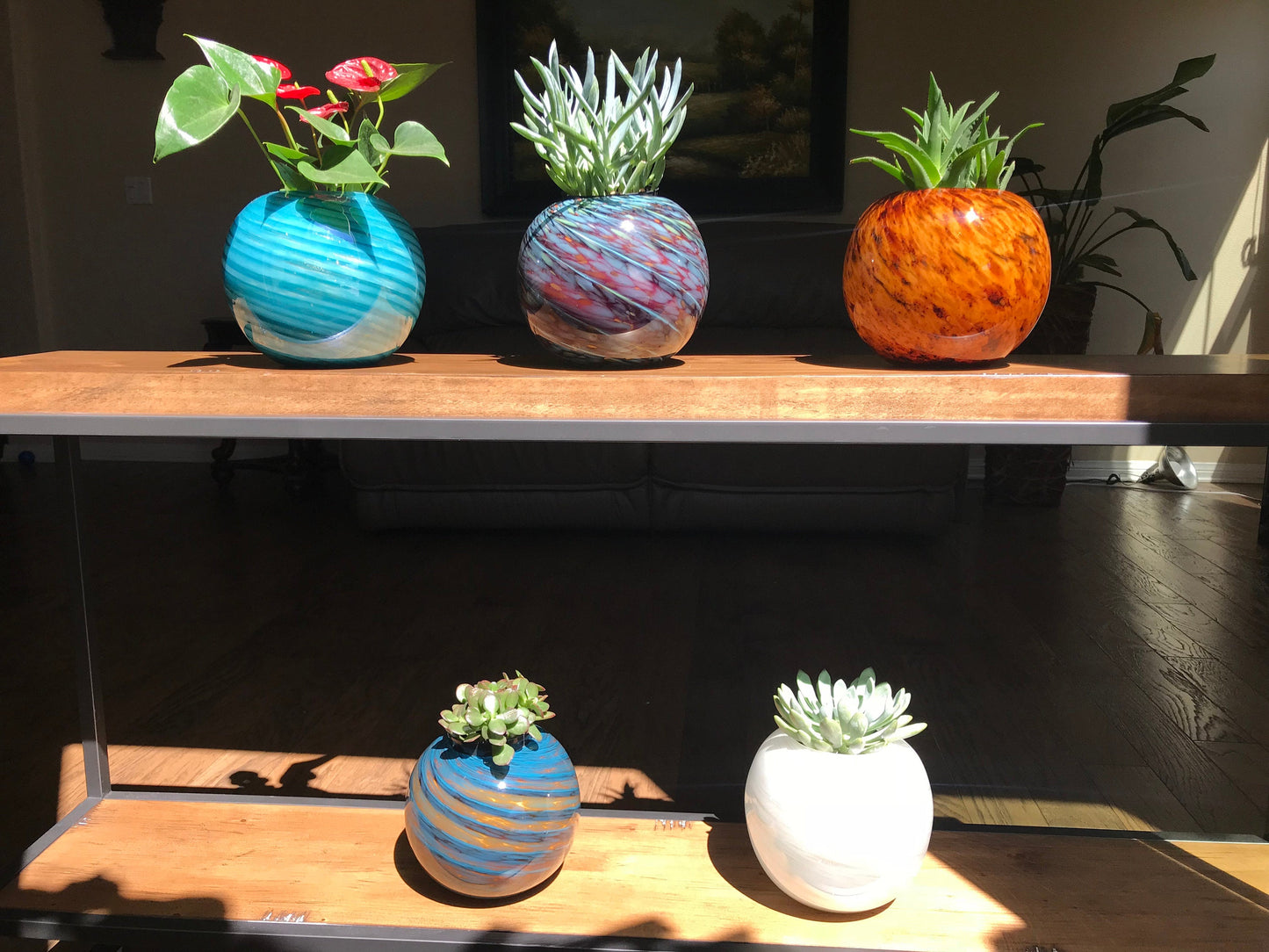 8" Artistic Planter, Handblown Art Glass Succulent Rose Ball/Vase/Candle holder, Teal Swirl w Gold Dust