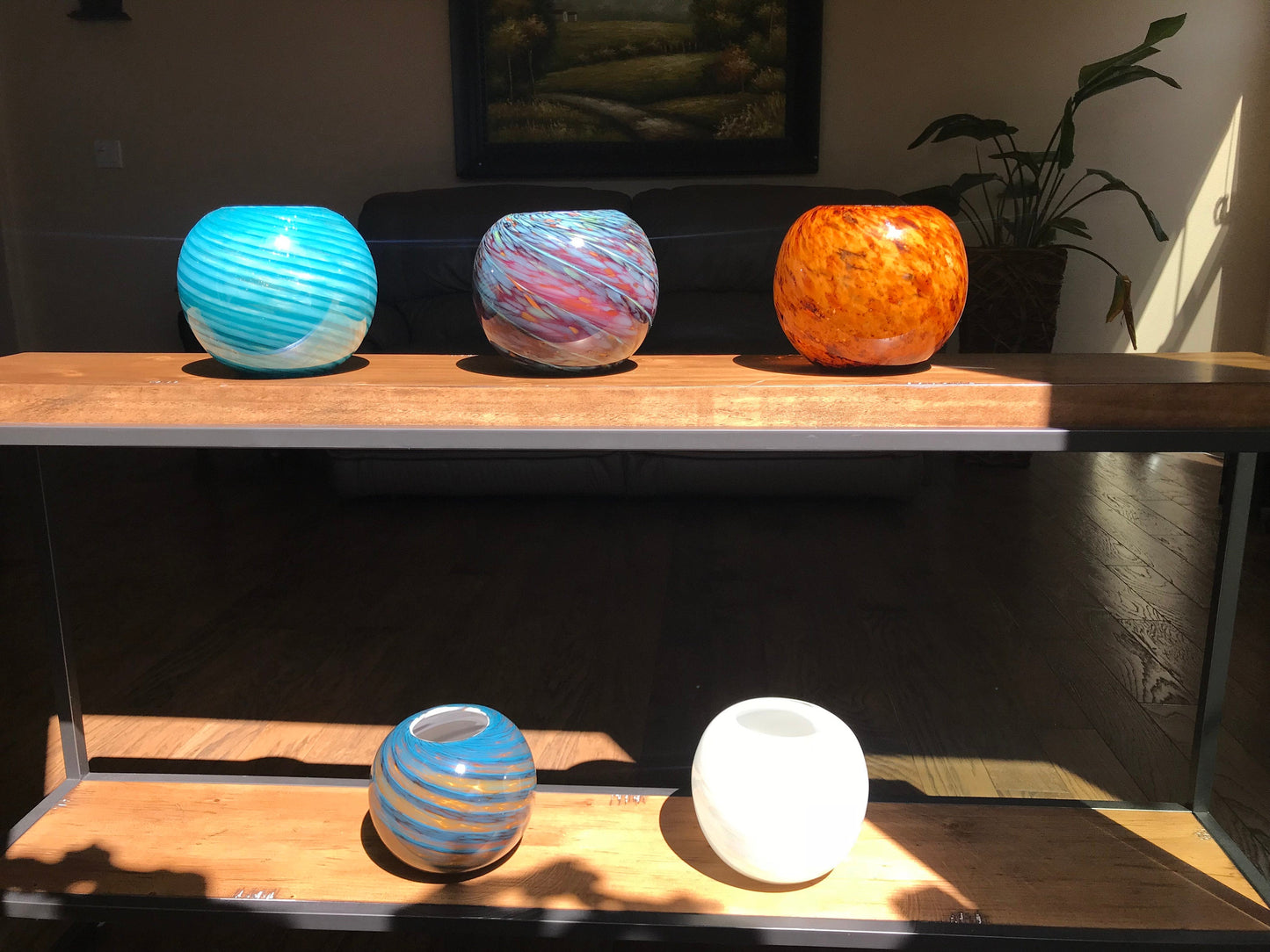 8" Handblown Art Glass Succulent Orb/Planter/Vase/Candle holder, Teal & Amber Swirl