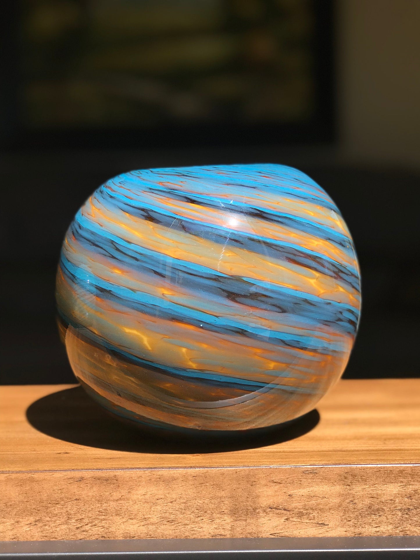 8" Handblown Art Glass Succulent Orb/Planter/Vase/Candle holder, Teal & Amber Swirl