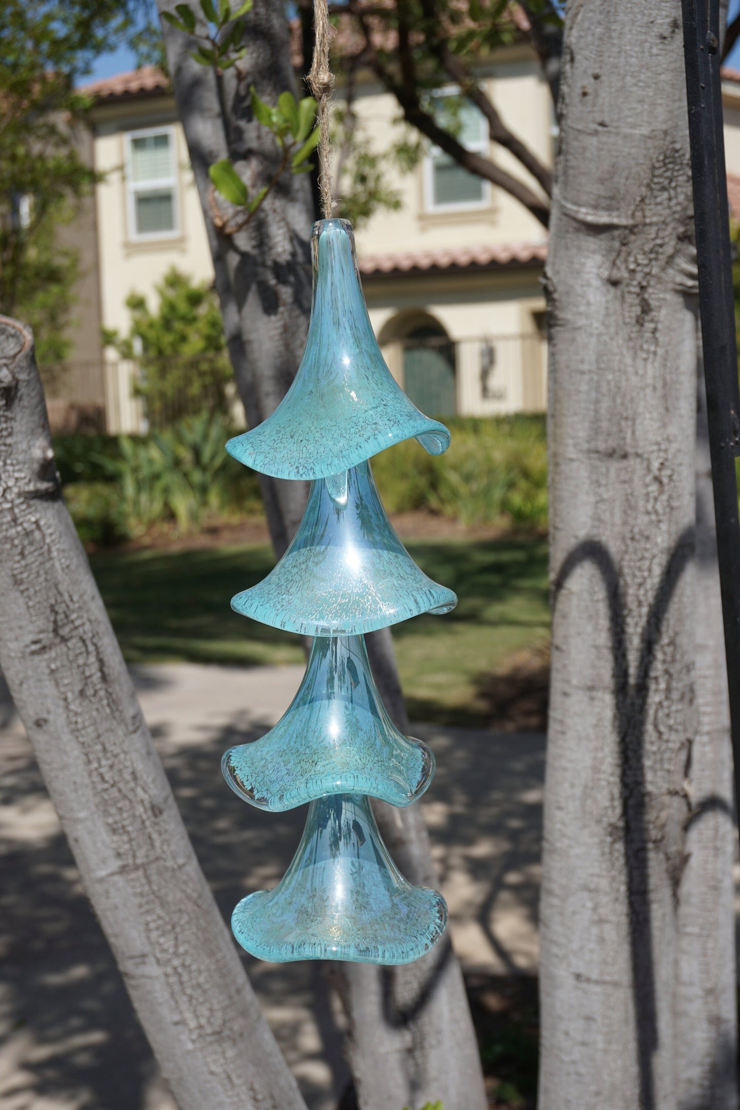 Free US Shipping-Handmade Art Glass Petunia Flower Holiday Gift Hanging Decor Wind Chimes Sun Catcher /  Baby Blue with Silver