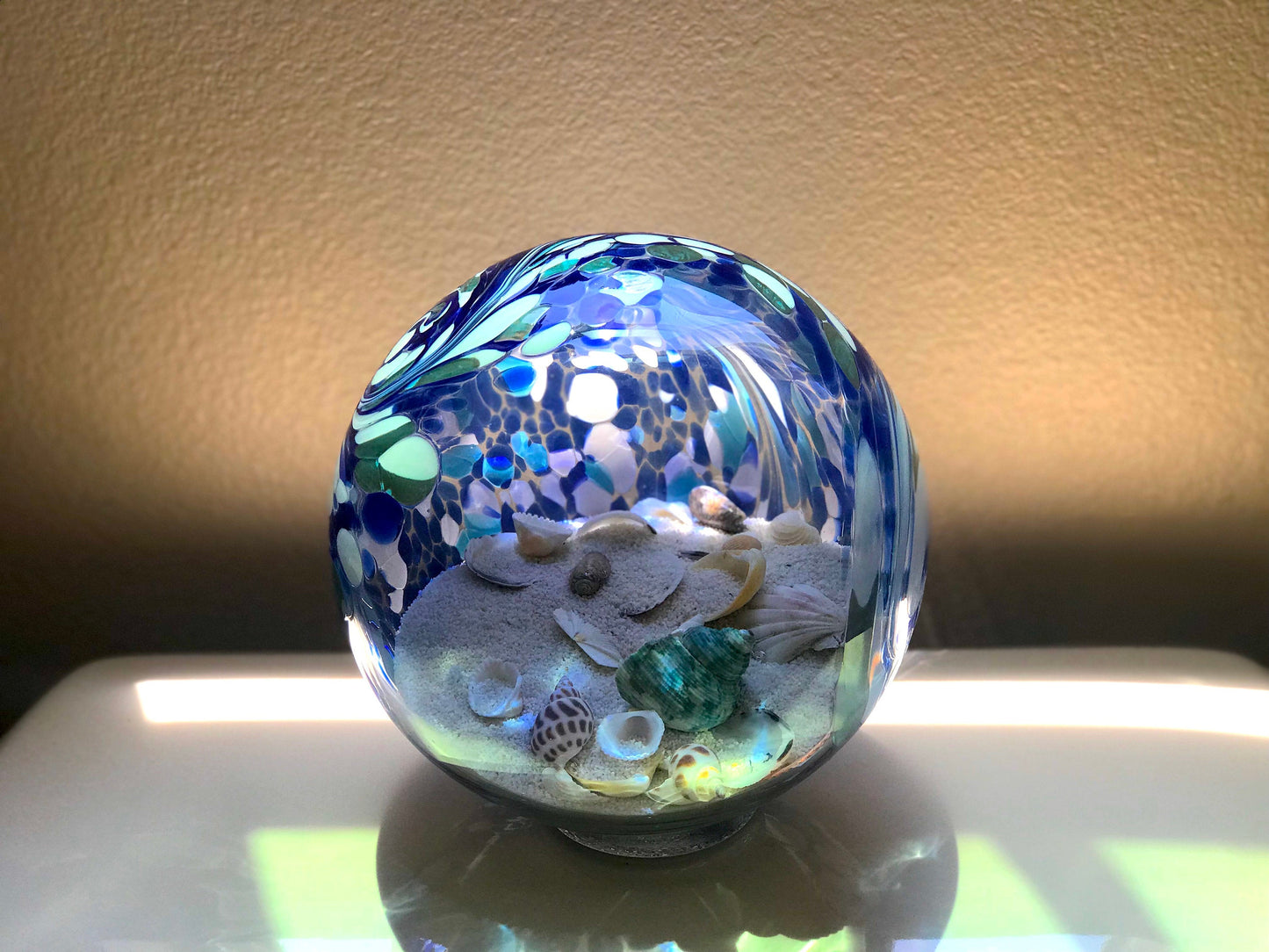Free US Shipping~ 7" Atlantic Blue Sea Globe, handblown art glass Decor Holiday Gift with natural sea shell and sand
