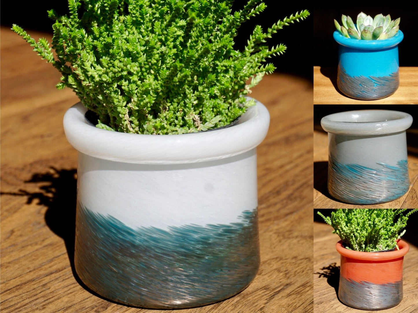 Free US Shipping~ Set of 2, 4.3" Succulent Planter, Handblown Art Glass Planter with Bronze Feather Etching