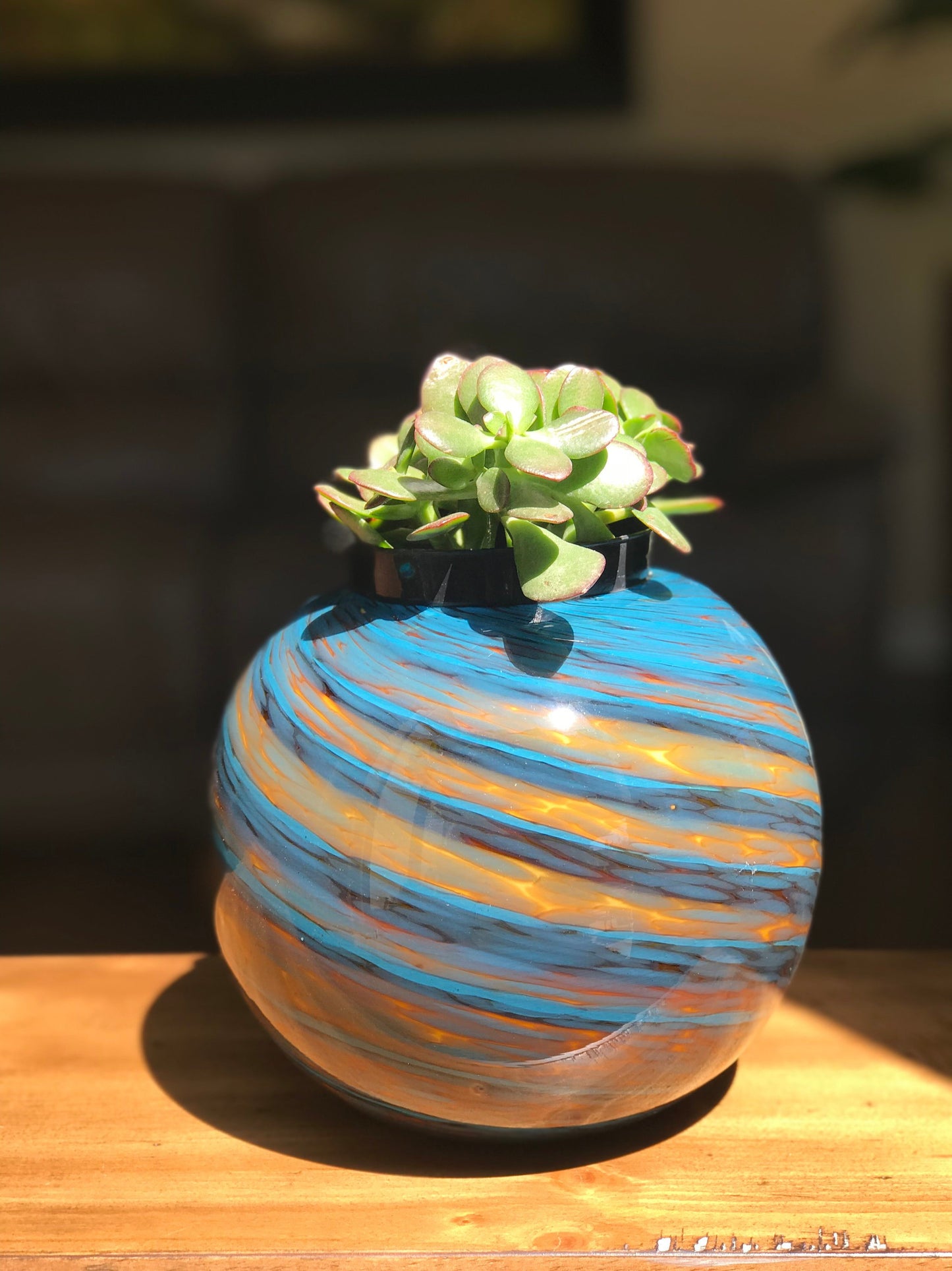 8" Handblown Art Glass Succulent Orb/Planter/Vase/Candle holder, Teal & Amber Swirl