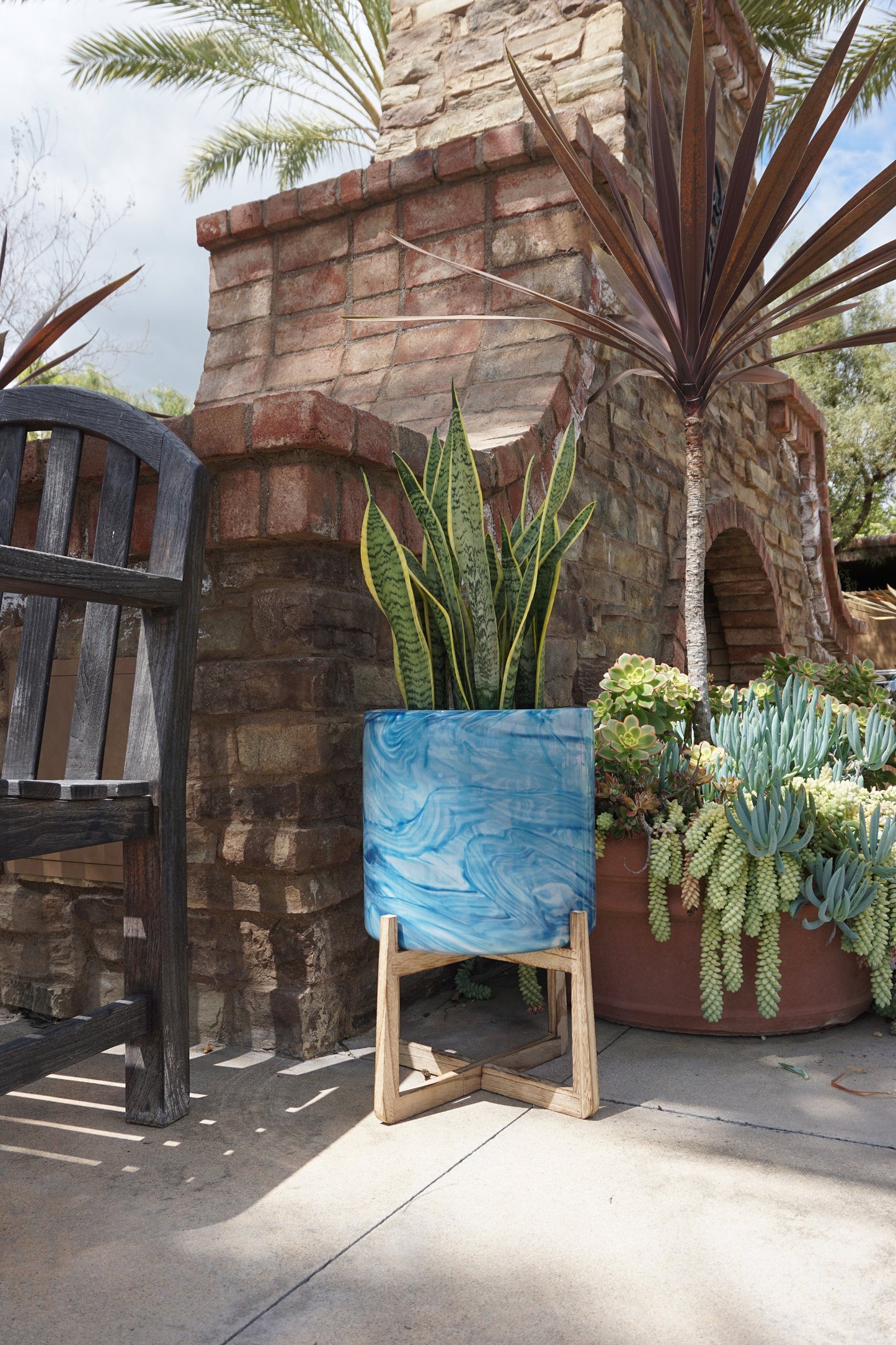 Hand Blown 8" Art Glass Planter on Wood Stand