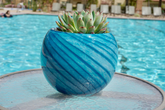 8" Artistic Planter, Handblown Art Glass Succulent Rose Ball/Vase/Candle holder, Teal Swirl w Gold Dust