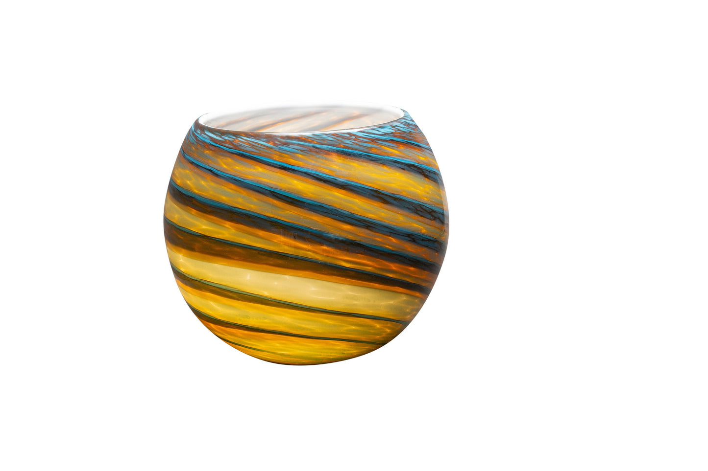 8" Handblown Art Glass Succulent Orb/Planter/Vase/Candle holder, Teal & Amber Swirl