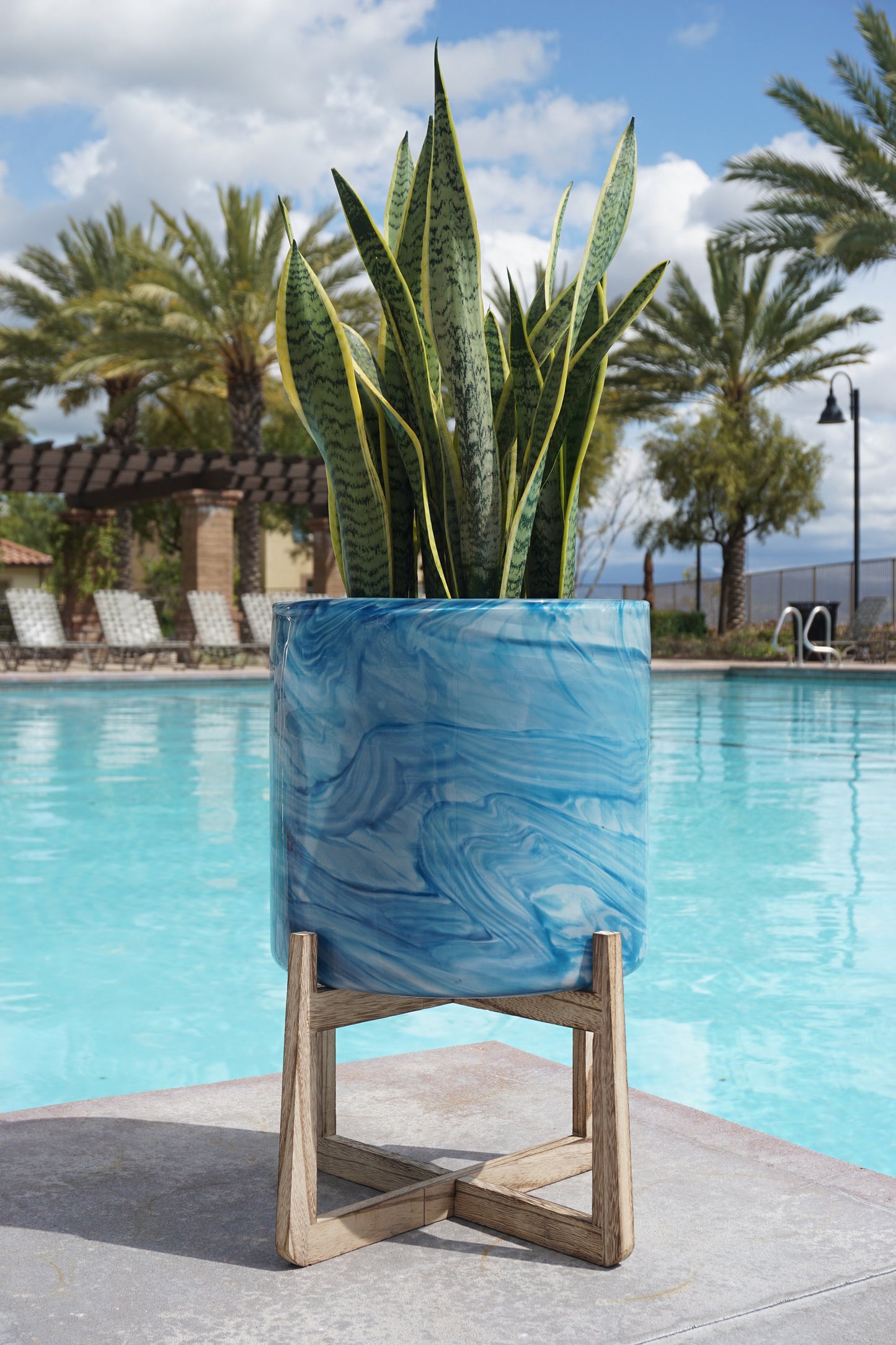 Hand Blown 8" Art Glass Planter on Wood Stand