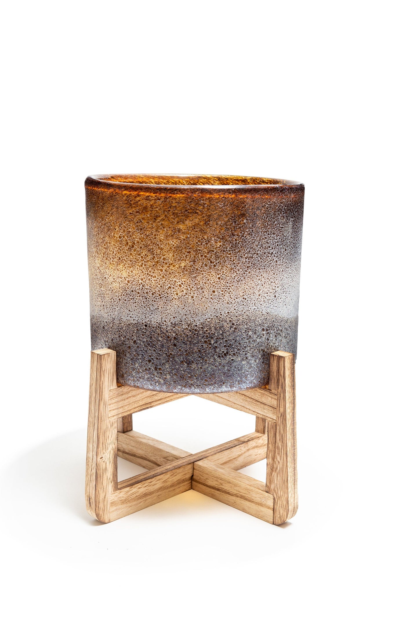 Hand Blown 8" Art Glass Planter on Wood Stand