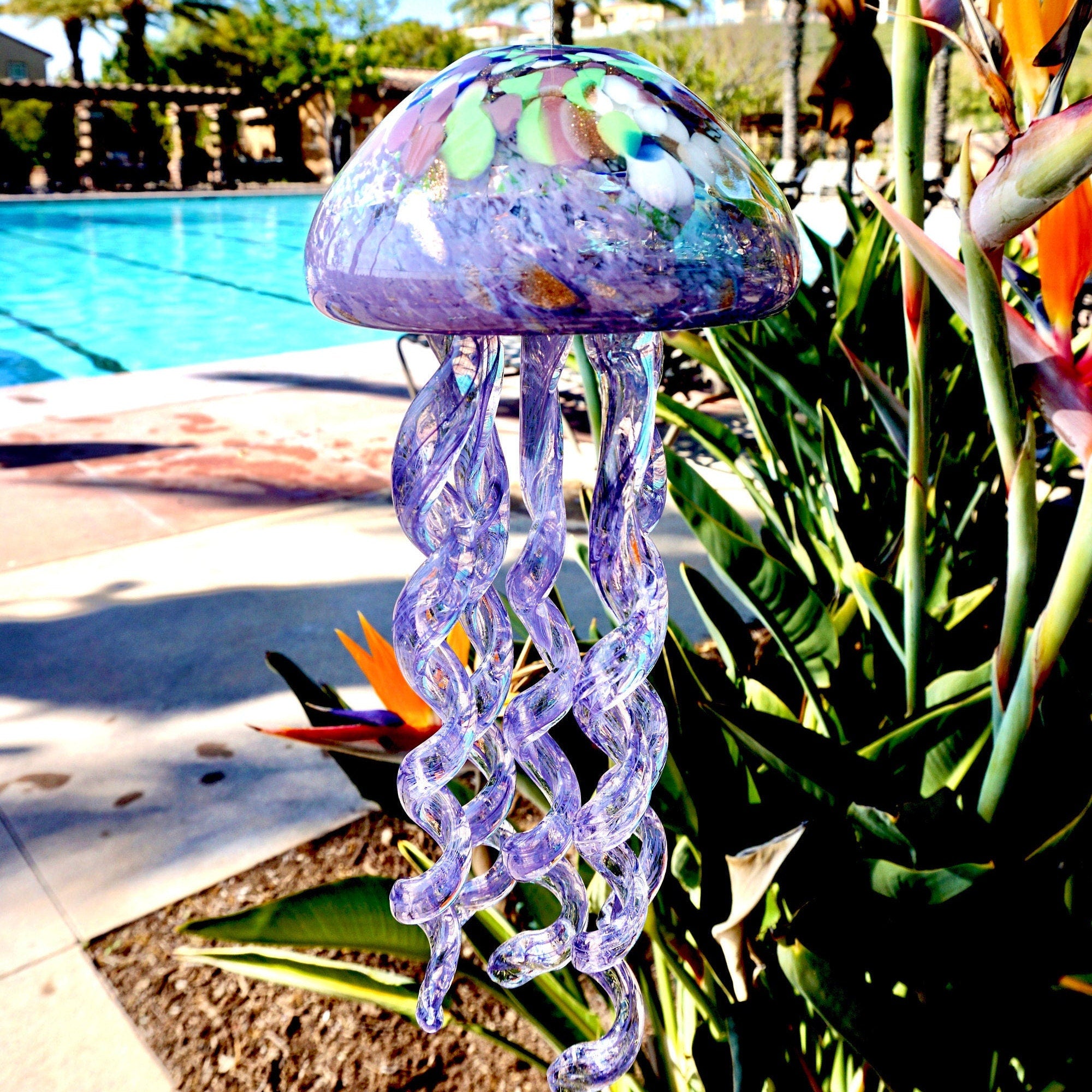 Wind Chime Jellyfish made with fused stained glass and beads , original