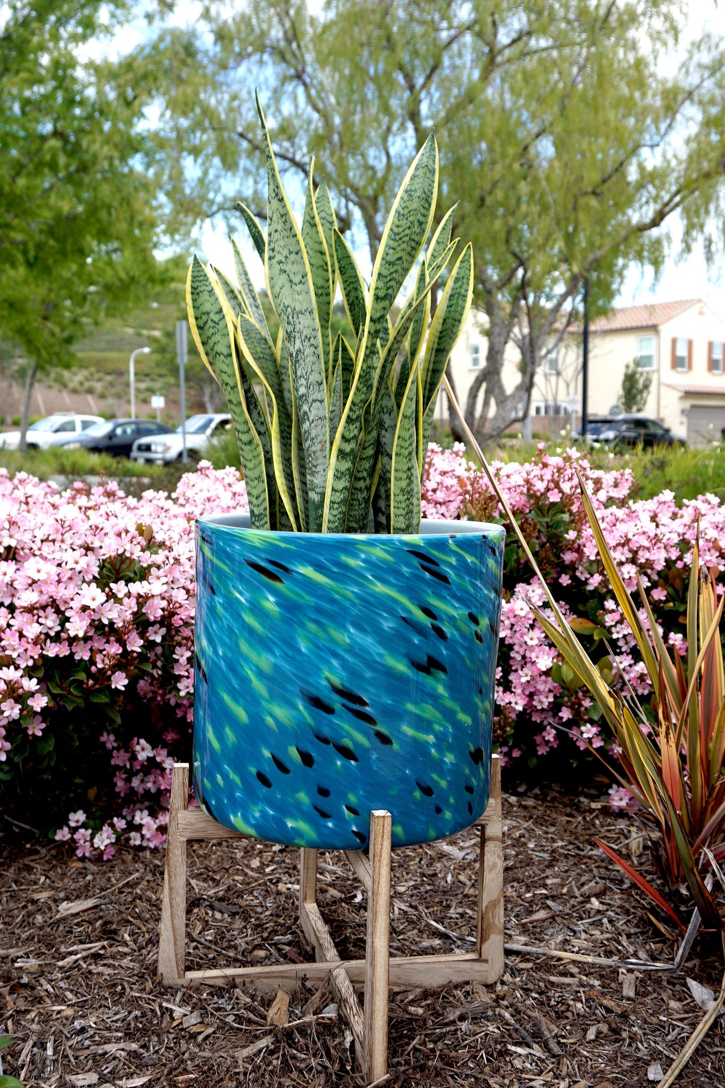 12" Hand Blown Art Glass Planter on Wood Stand