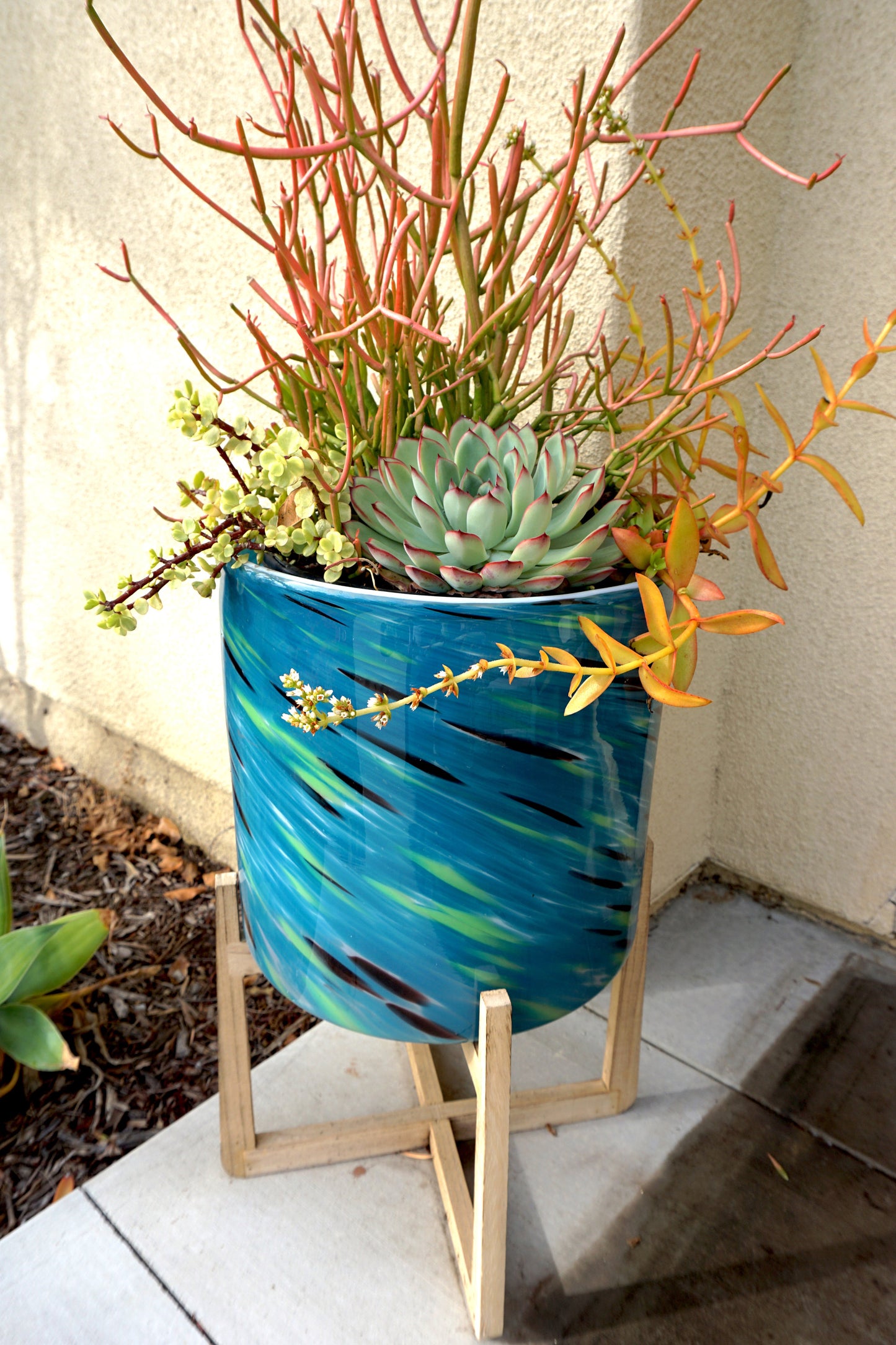 12" Hand Blown Art Glass Planter on Wood Stand