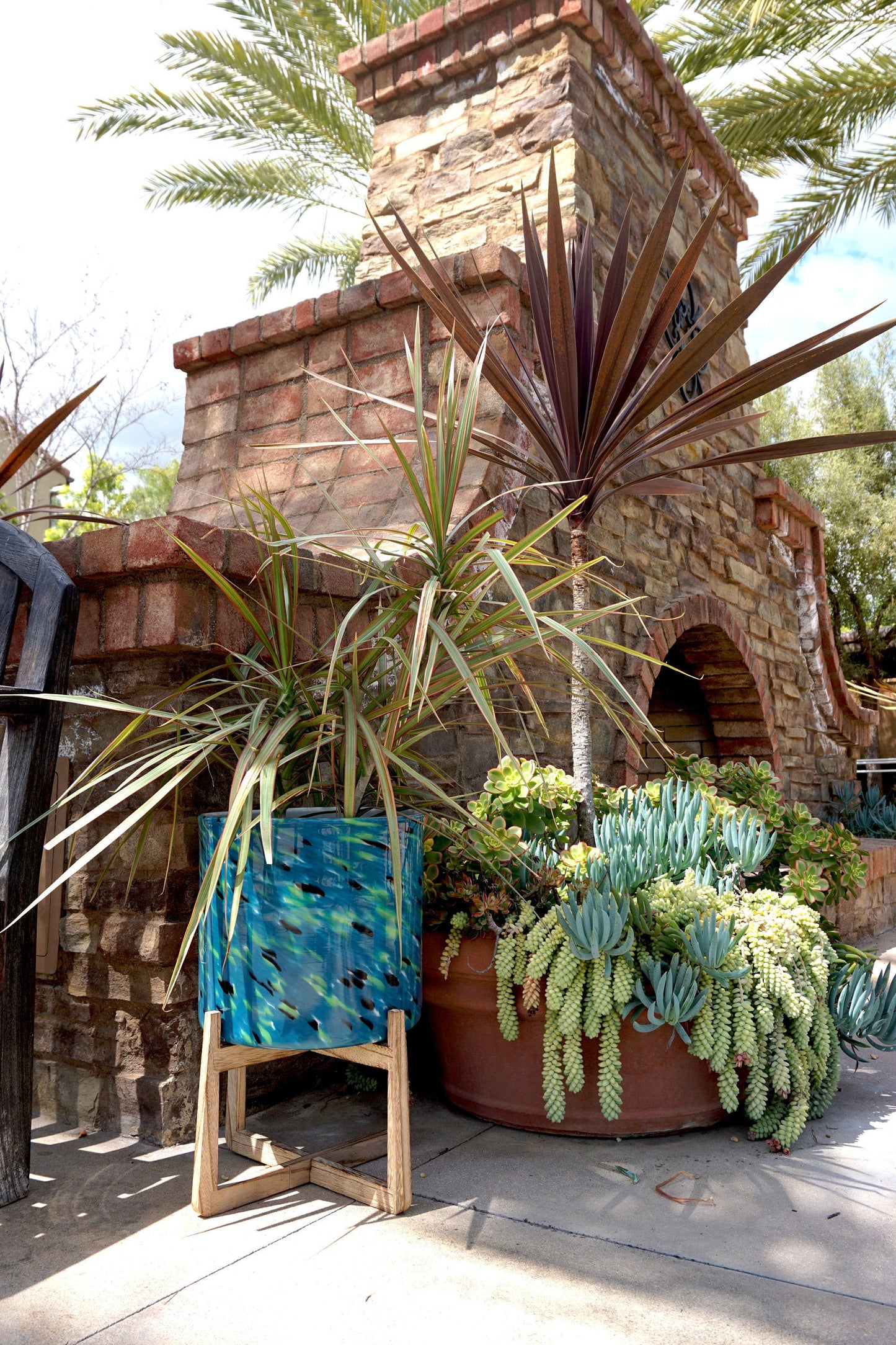 12" Hand Blown Art Glass Planter on Wood Stand