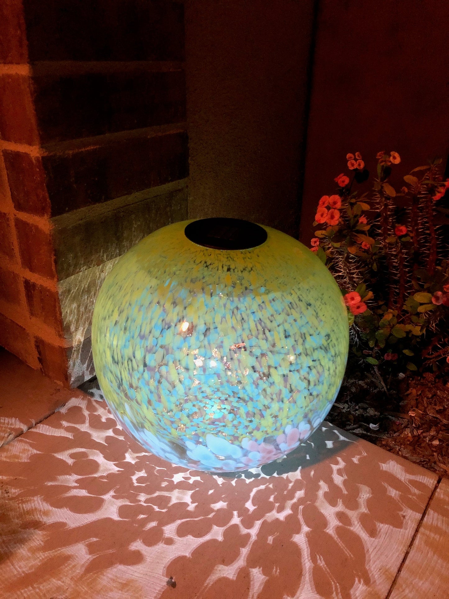 12" XLarge LED Solar Orb Gaze Ball/Garden/Pathway Light/Patio Table Light/Sun Cather/Art Glass Yellow, Blue&Glod glitter