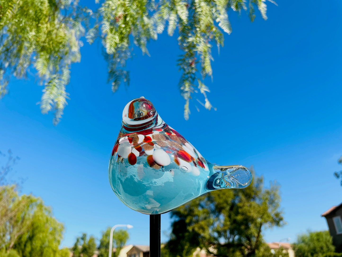 Set of 2 Handmade Art Glass LED Solar path garden lights - Bird Sun Catcher Garden Stake Statue Figurine- Blue/Red