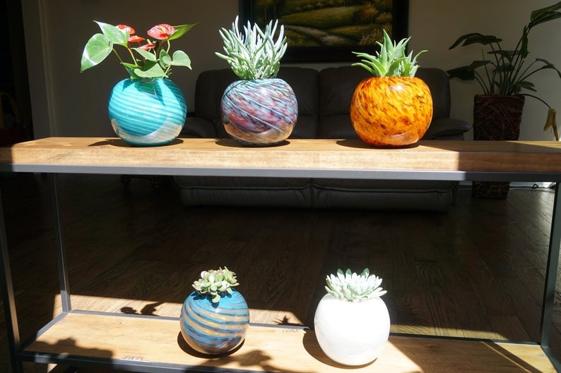 8" Artistic Planter, Handblown Art Glass Succulent Rose Ball/Planter/Vase/Candle holder, Teal Purple Swirl