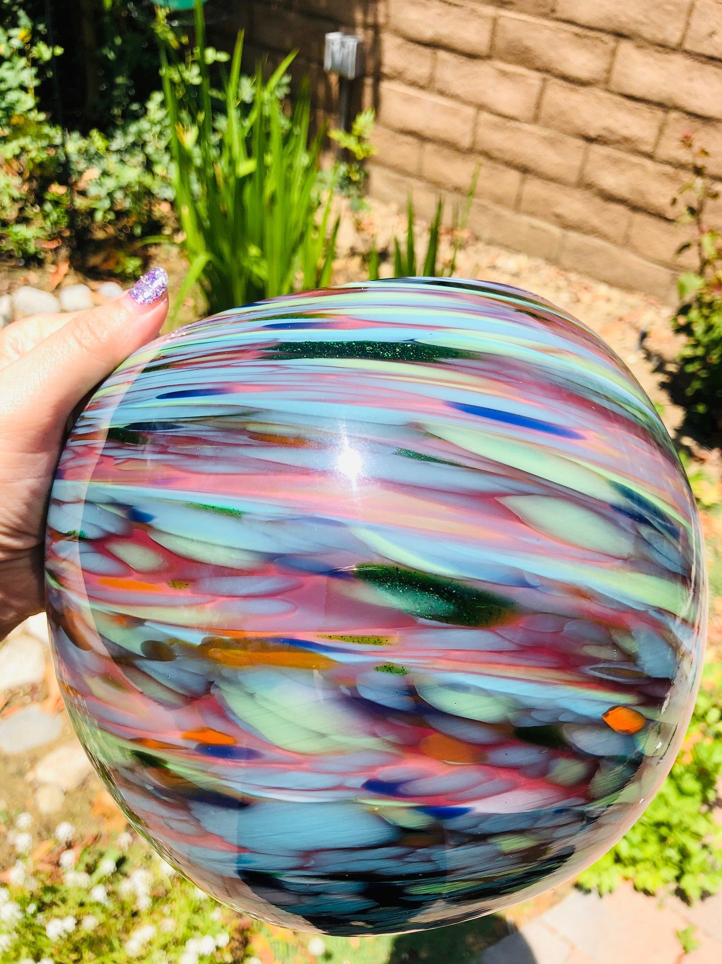8" Artistic Planter, Handblown Art Glass Succulent Rose Ball/Planter/Vase/Candle holder, Teal Purple Swirl
