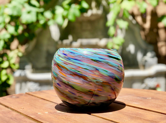 8" Artistic Planter, Handblown Art Glass Succulent Rose Ball/Planter/Vase/Candle holder, Teal Purple Swirl