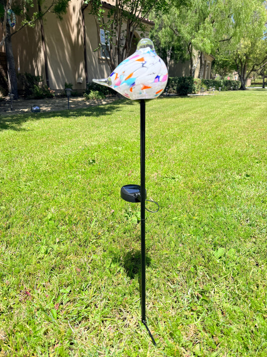 Set of 2 Handmade Art Glass LED Solar path garden lights - Bird Sun Catcher Garden Stake Statue Figurine- White