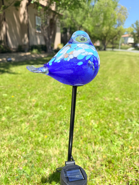 Set of 2 Handmade Art Glass LED Solar path garden lights - Bird Sun Catcher Garden Stake Statue Figurine- Blue/Light Blue