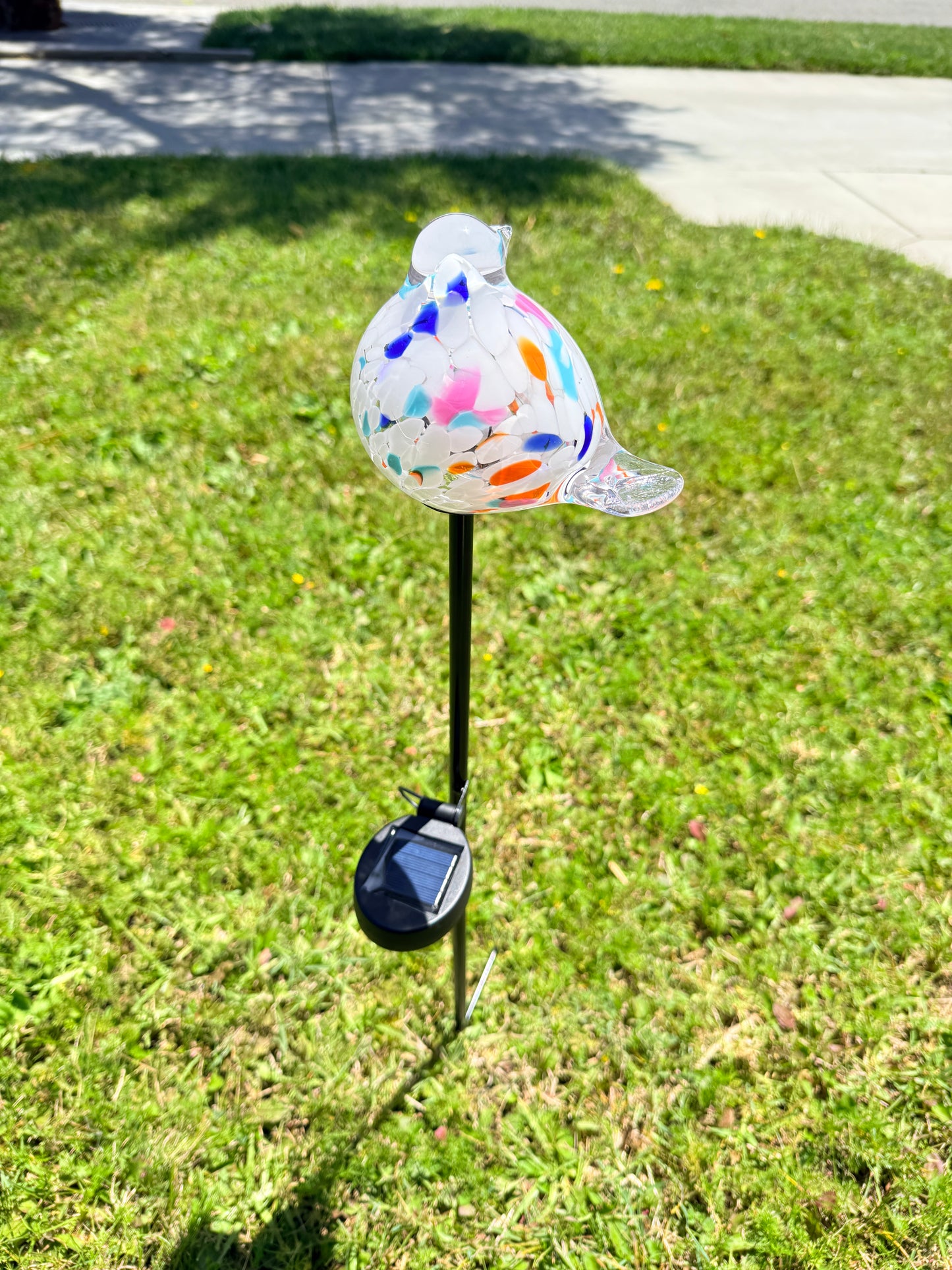 Set of 2 Handmade Art Glass LED Solar path garden lights - Bird Sun Catcher Garden Stake Statue Figurine- White