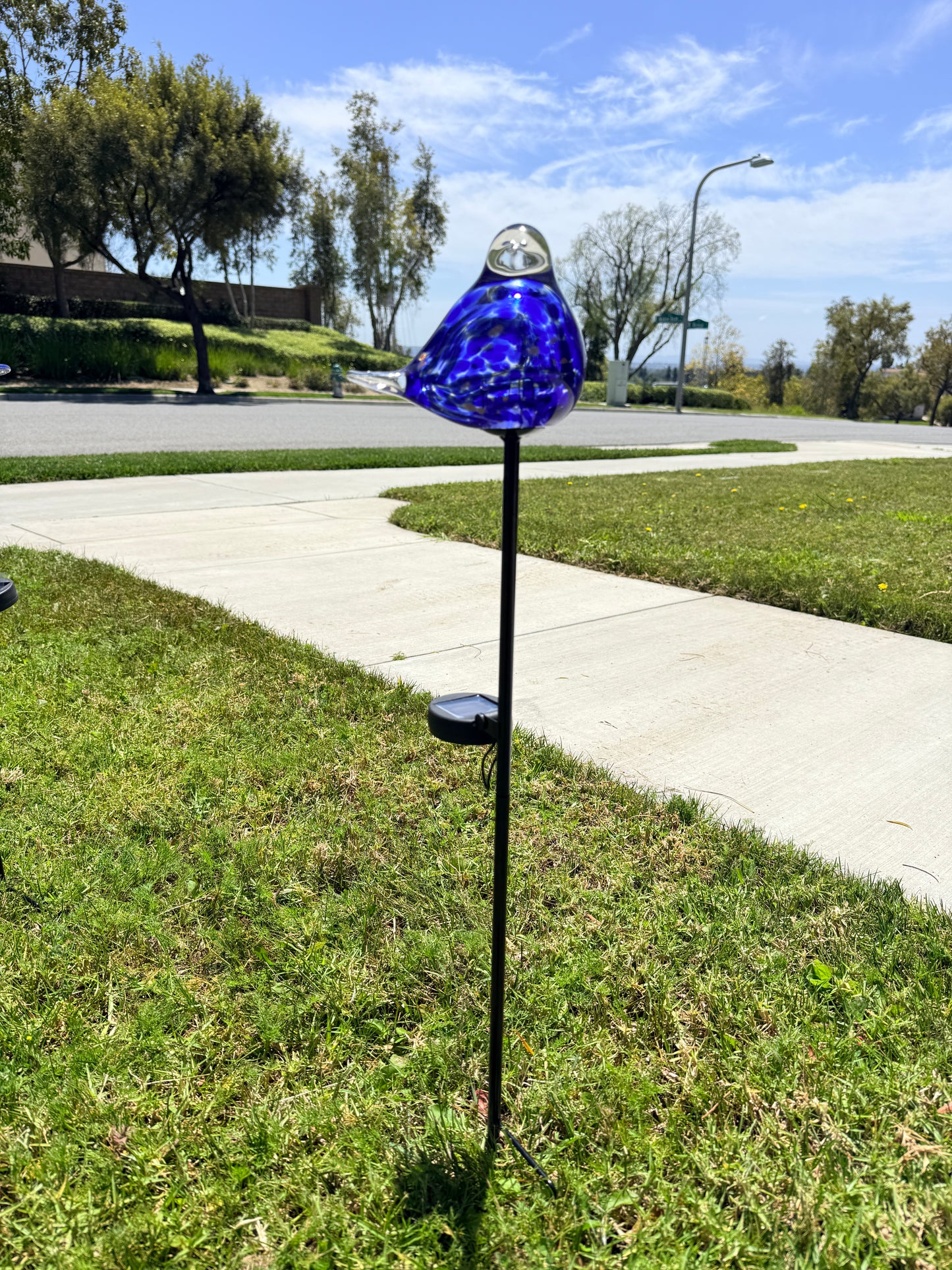 Set of 2 Handmade Art Glass LED Solar path garden lights - Bird Sun Catcher Garden Stake Statue Figurine- Blue