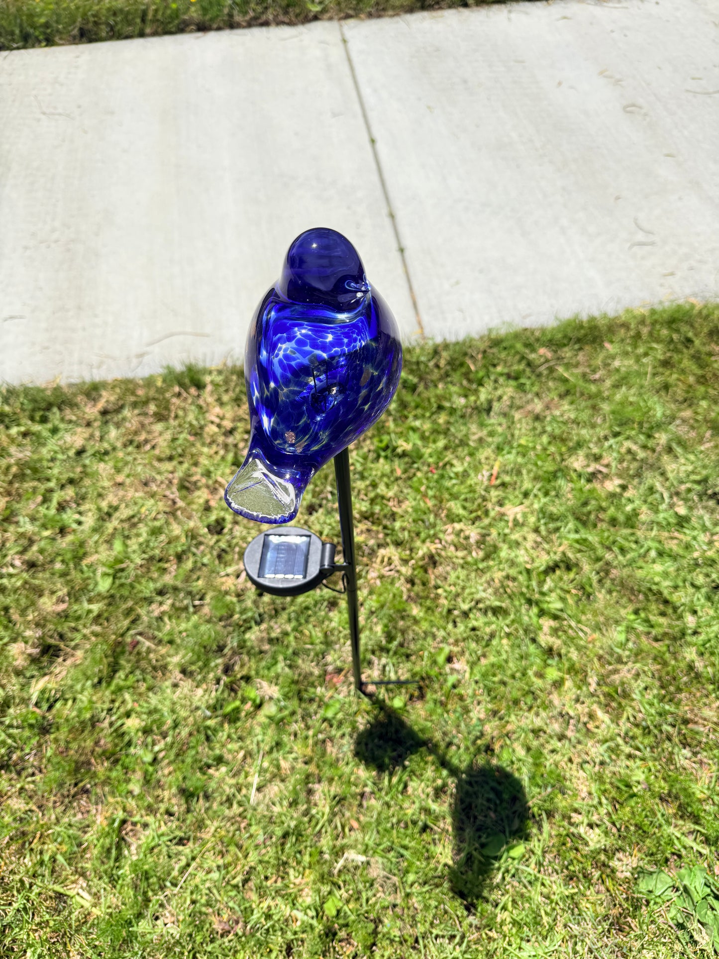 Set of 2 Handmade Art Glass LED Solar path garden lights - Bird Sun Catcher Garden Stake Statue Figurine- Blue