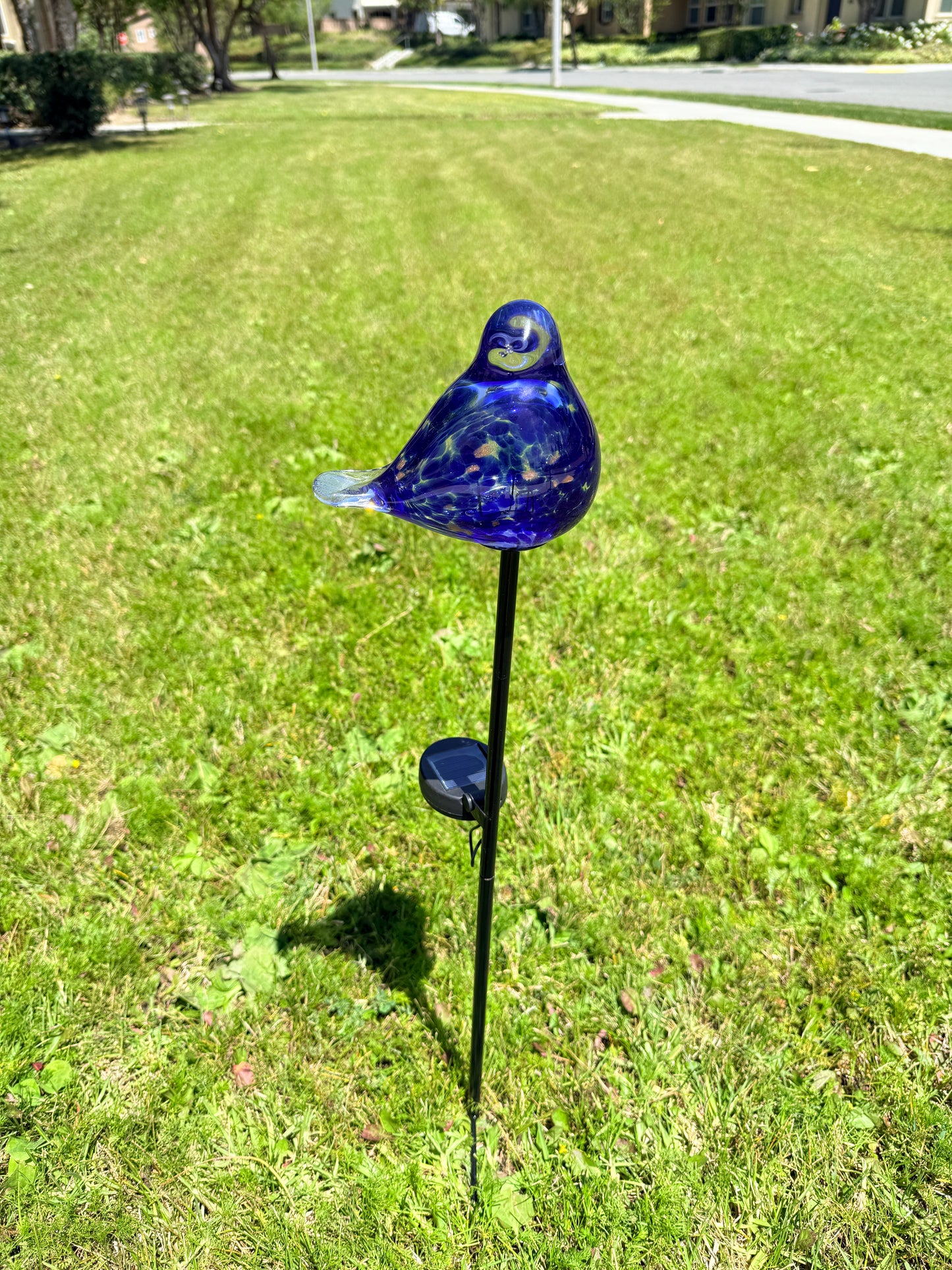 Set of 2 Handmade Art Glass LED Solar path garden lights - Bird Sun Catcher Garden Stake Statue Figurine- Blue
