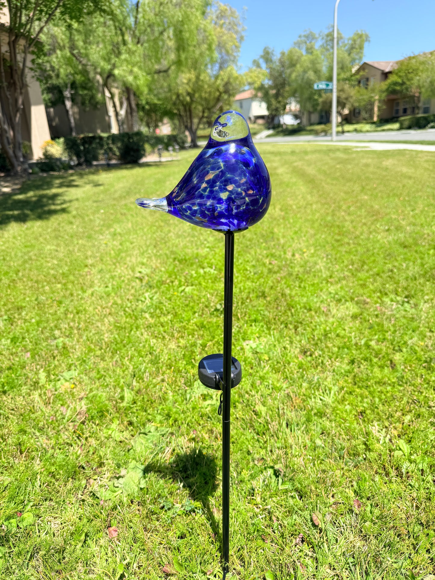Set of 2 Handmade Art Glass LED Solar path garden lights - Bird Sun Catcher Garden Stake Statue Figurine- Blue