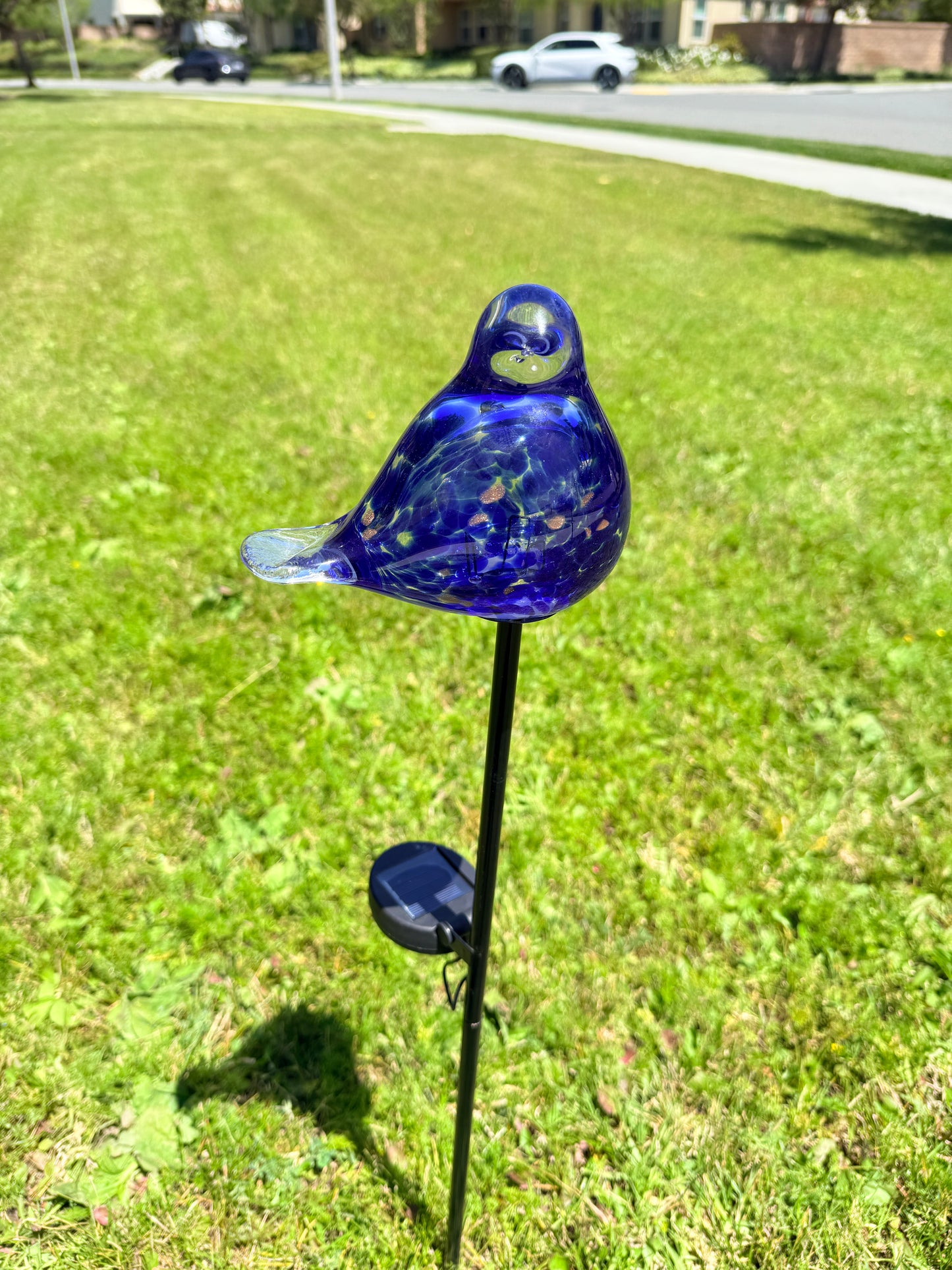 Set of 2 Handmade Art Glass LED Solar path garden lights - Bird Sun Catcher Garden Stake Statue Figurine- Blue