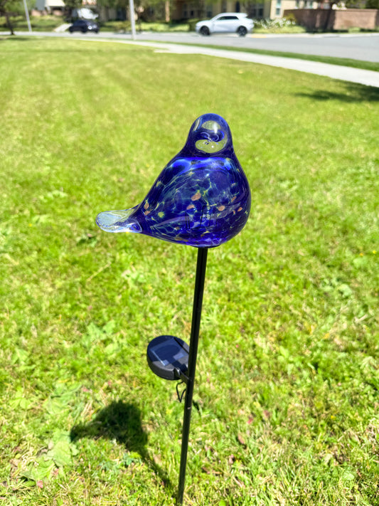 Set of 2 Handmade Art Glass LED Solar path garden lights - Bird Sun Catcher Garden Stake Statue Figurine- Blue