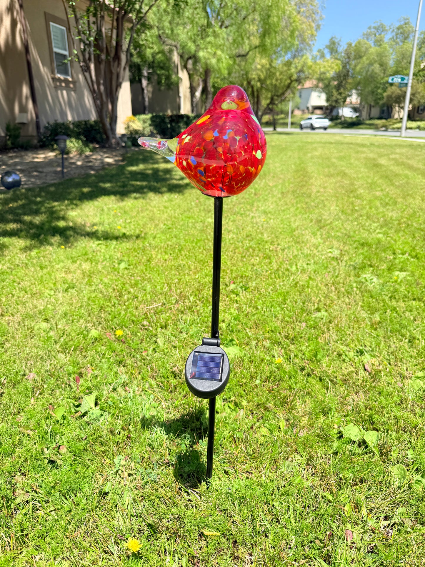Set of 2 Handmade Art Glass LED Solar path garden lights - Bird Sun Catcher Garden Stake Statue Figurine- Red