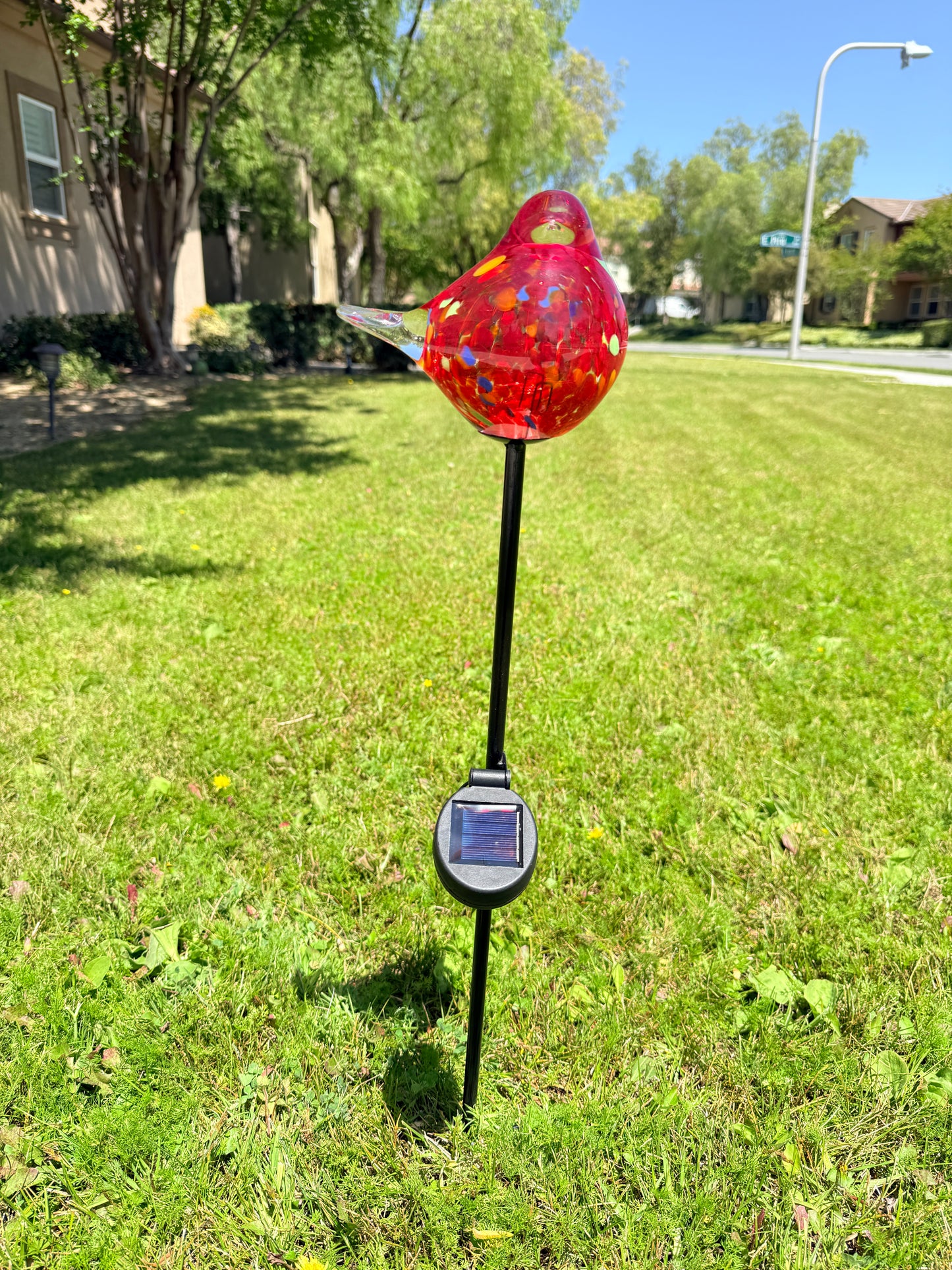 Set of 2 Handmade Art Glass LED Solar path garden lights - Bird Sun Catcher Garden Stake Statue Figurine- Red