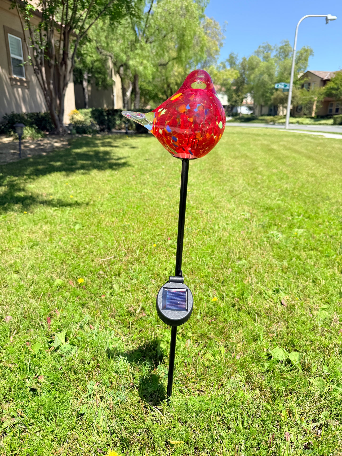 Set of 2 Handmade Art Glass LED Solar path garden lights - Bird Sun Catcher Garden Stake Statue Figurine- Red