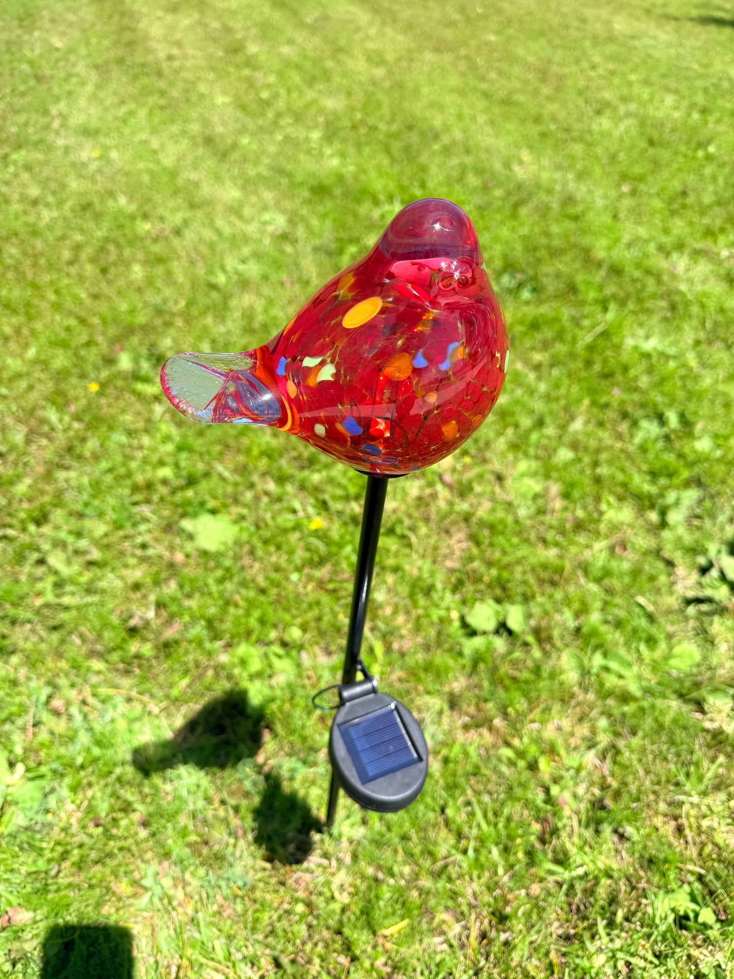 Set of 2 Handmade Art Glass LED Solar path garden lights - Bird Sun Catcher Garden Stake Statue Figurine- Red