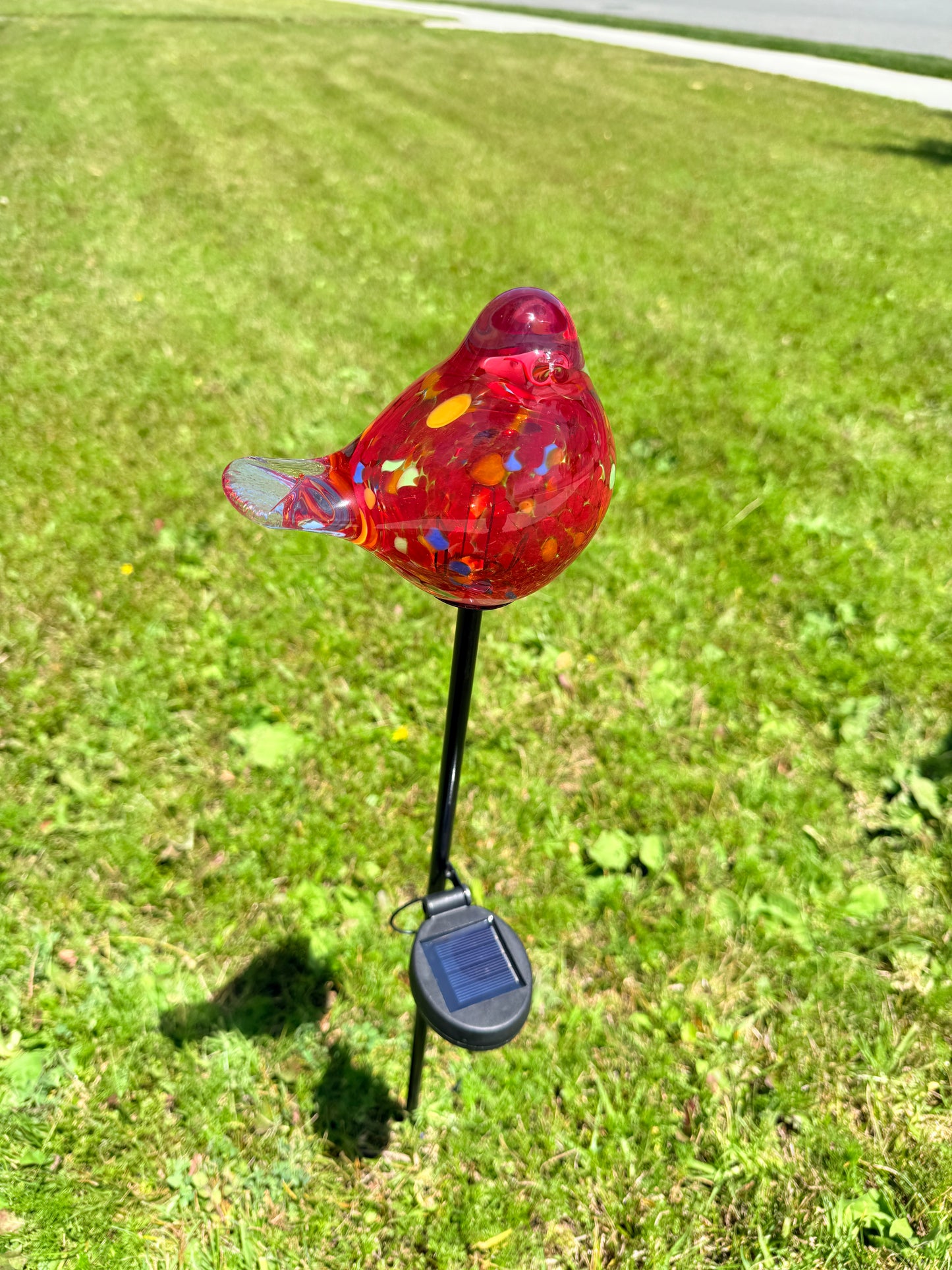 Set of 2 Handmade Art Glass LED Solar path garden lights - Bird Sun Catcher Garden Stake Statue Figurine- Red