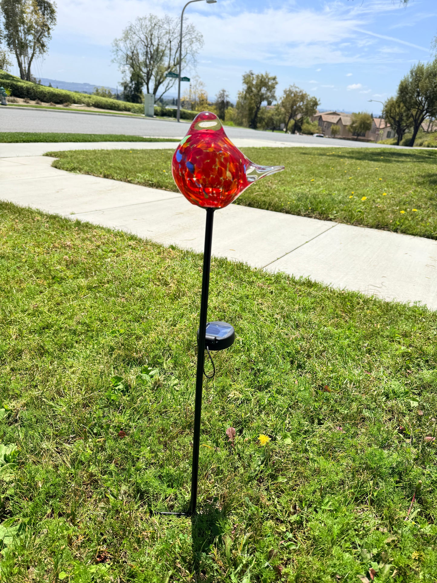 Set of 2 Handmade Art Glass LED Solar path garden lights - Bird Sun Catcher Garden Stake Statue Figurine- Red