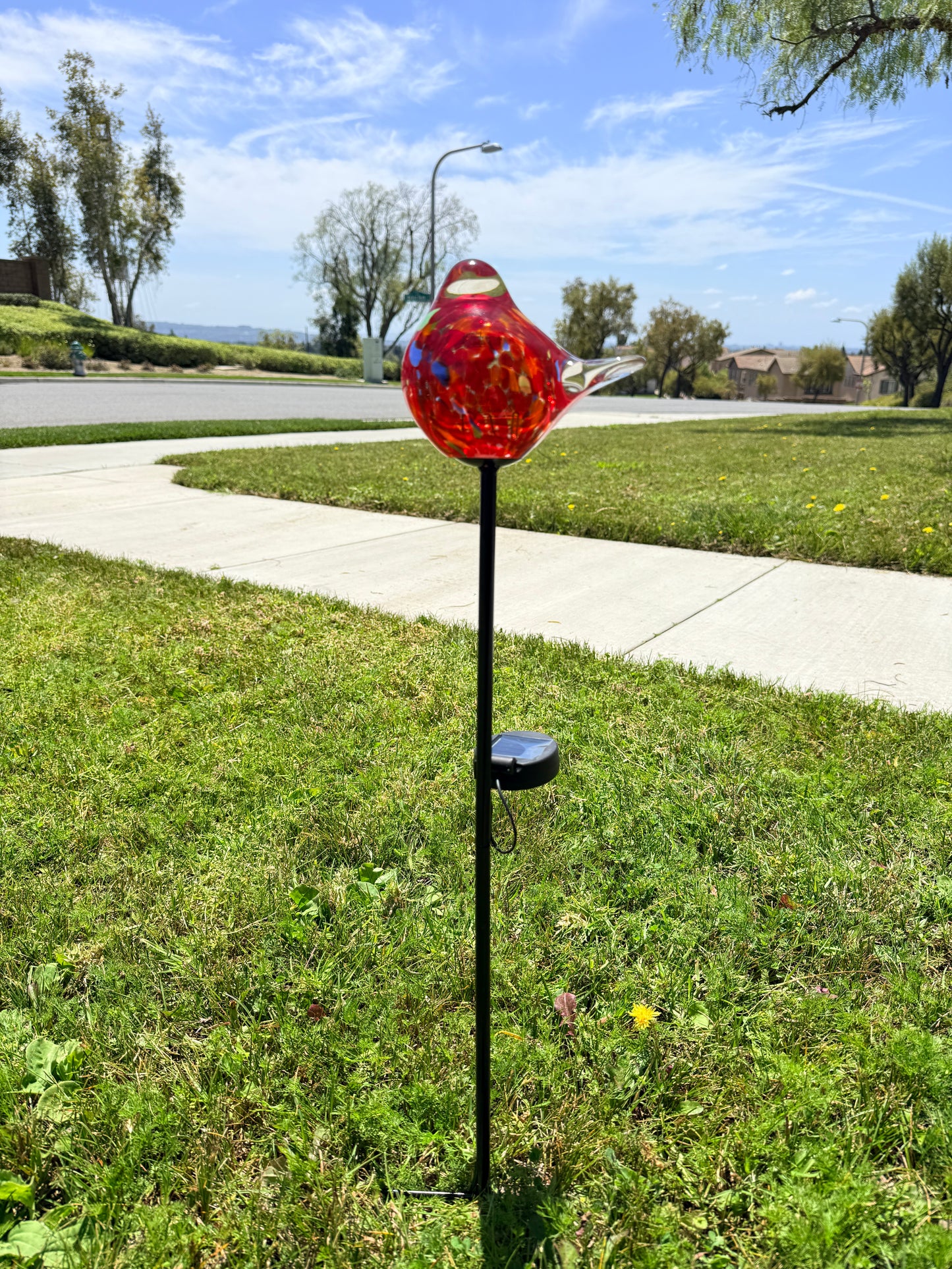 Set of 2 Handmade Art Glass LED Solar path garden lights - Bird Sun Catcher Garden Stake Statue Figurine- Red