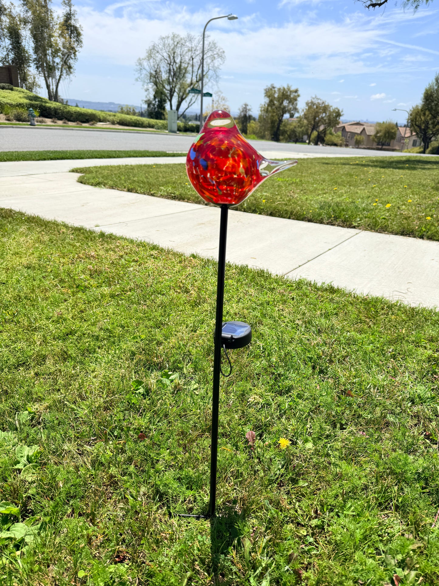 Set of 2 Handmade Art Glass LED Solar path garden lights - Bird Sun Catcher Garden Stake Statue Figurine- Red