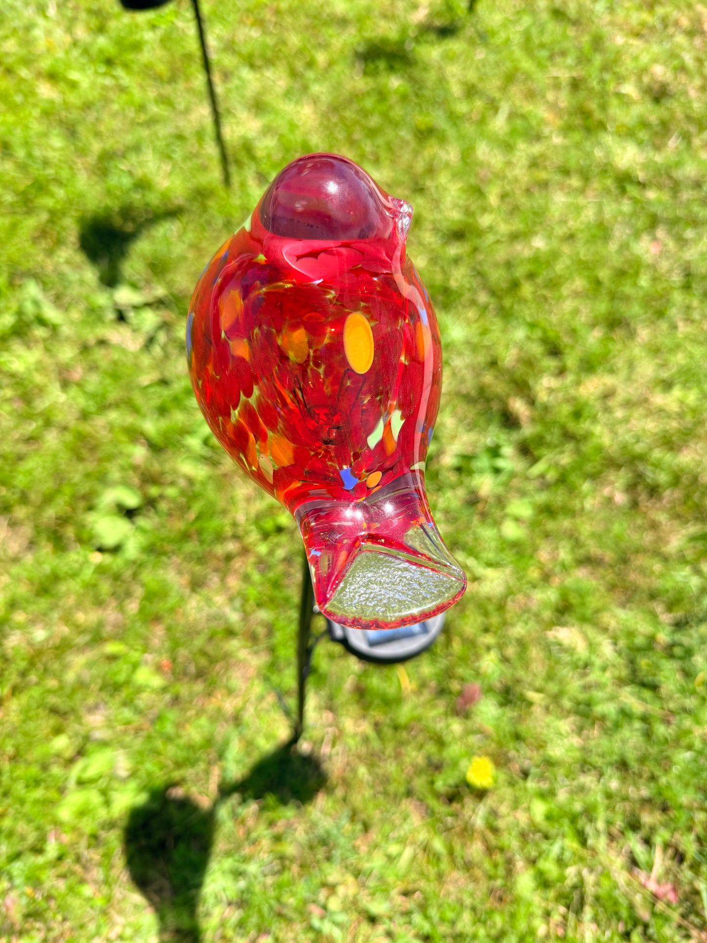 Set of 2 Handmade Art Glass LED Solar path garden lights - Bird Sun Catcher Garden Stake Statue Figurine- Red
