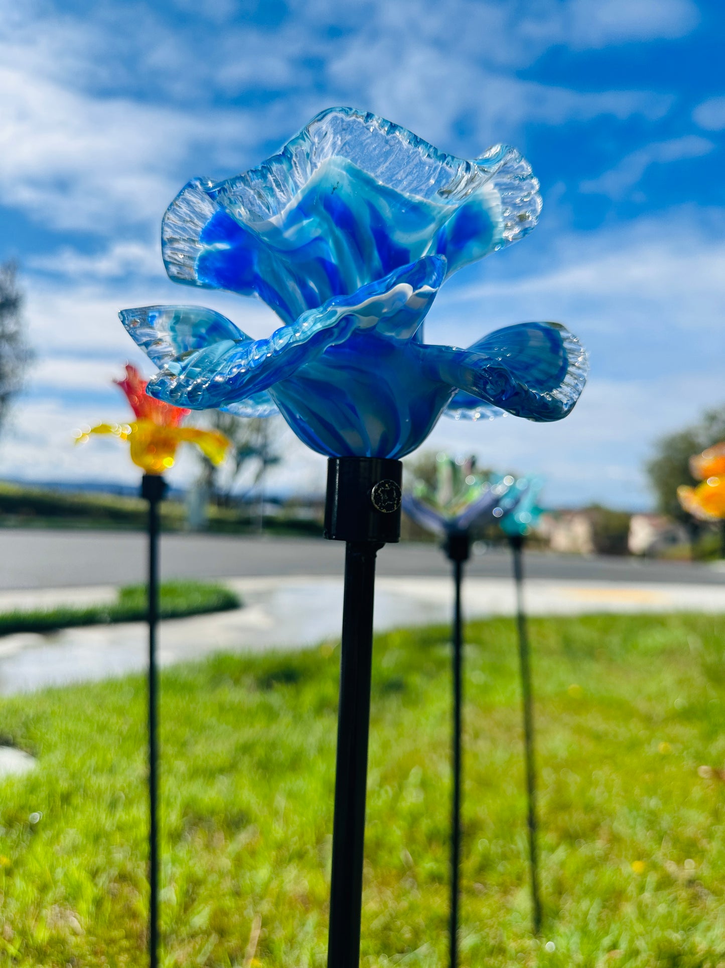 Set of 2 Large Handcrafted Art Glass Flower Stake