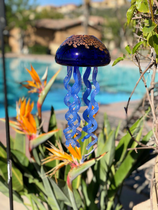 Free US Shipping~Handmade Dark Blue Art Glass Jellyfish  Hang Decor Sun Catcher Holiday Gift Wind Chimes