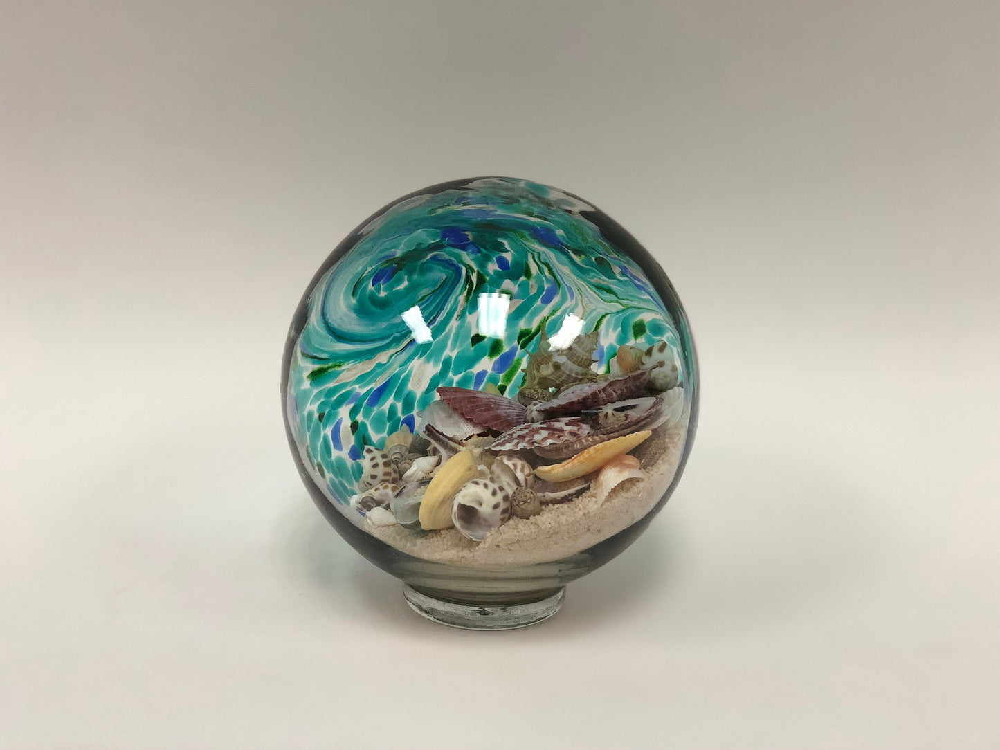 Free US Shipping~ 5.5" Lake Green Sea Globe, handblown art glass Decor Holiday Gift with natural sea shell and sand