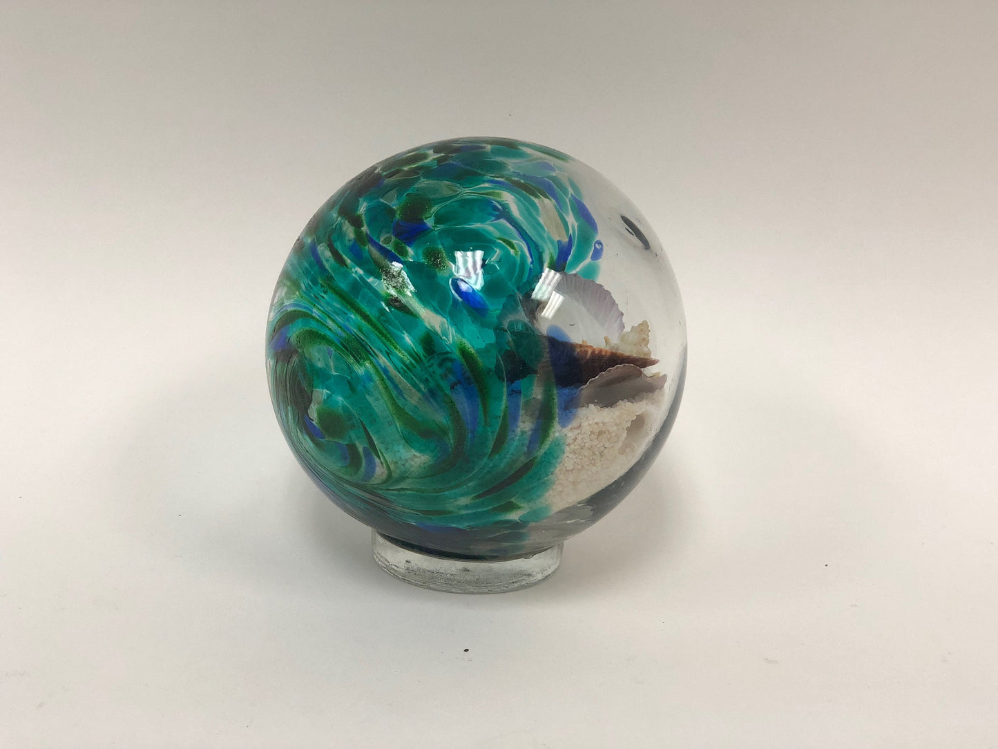 Free US Shipping~ 7" Lake Green Sea Globe Handblown Art Glass Decor Holiday Gift with natural sea shell and sand