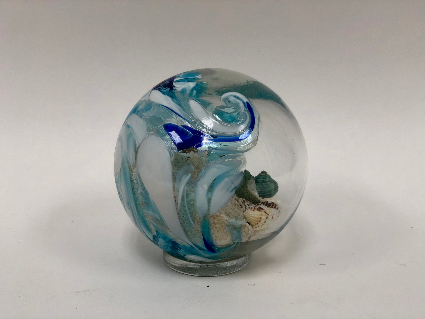 Free US Shipping~ 5.5" Pacific Coast Blue Sea Globe, handblown art glass with natural sea shell and sand